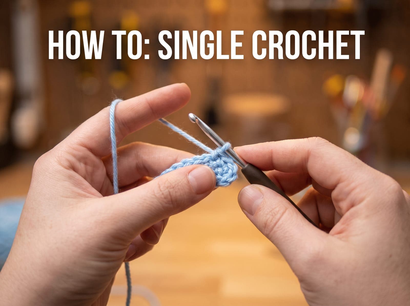Hands making a single crochet stitch in blue yarn, titled How to: Single Crochet.