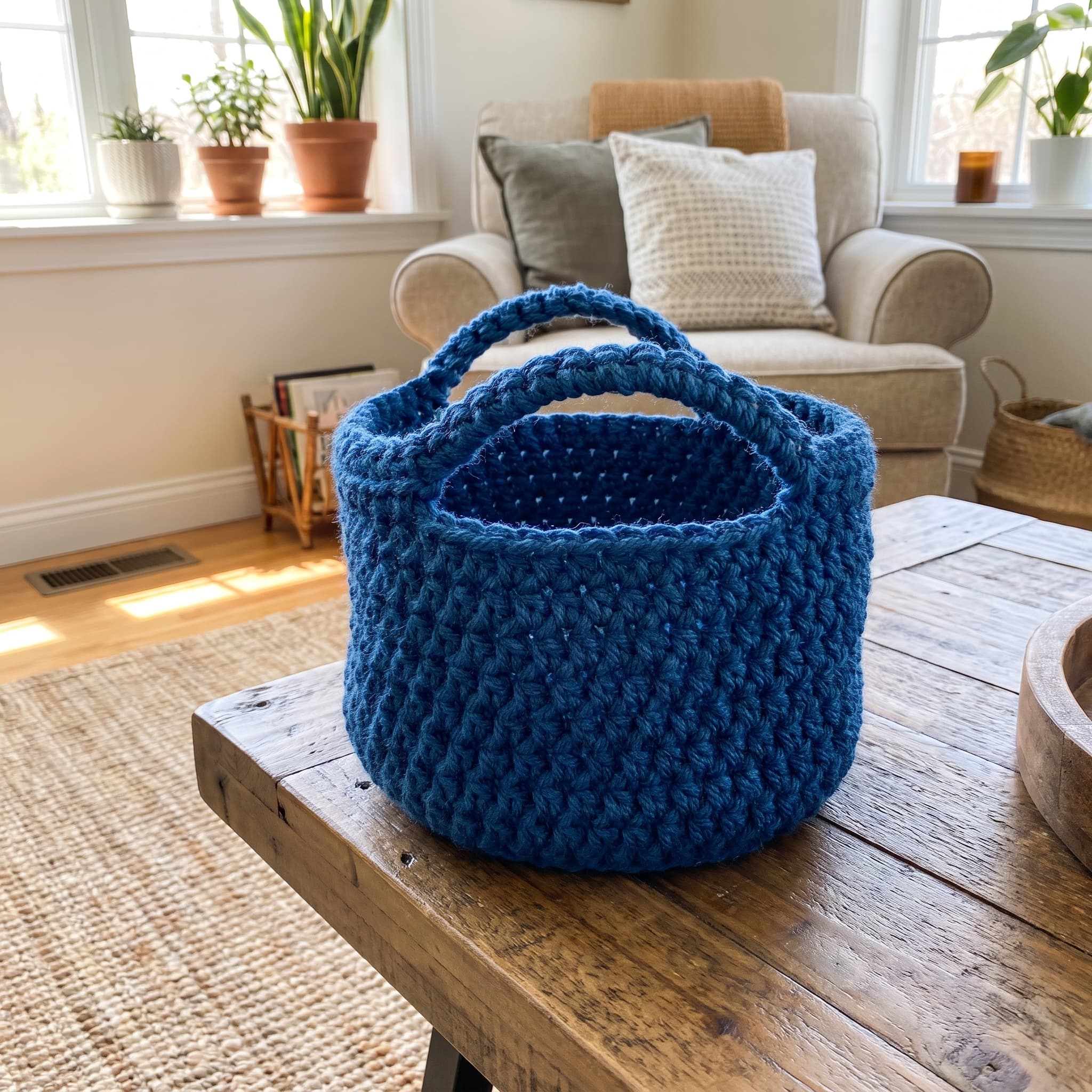 Navy blue crochet basket with handles on a coffee table in a plant-filled living room
