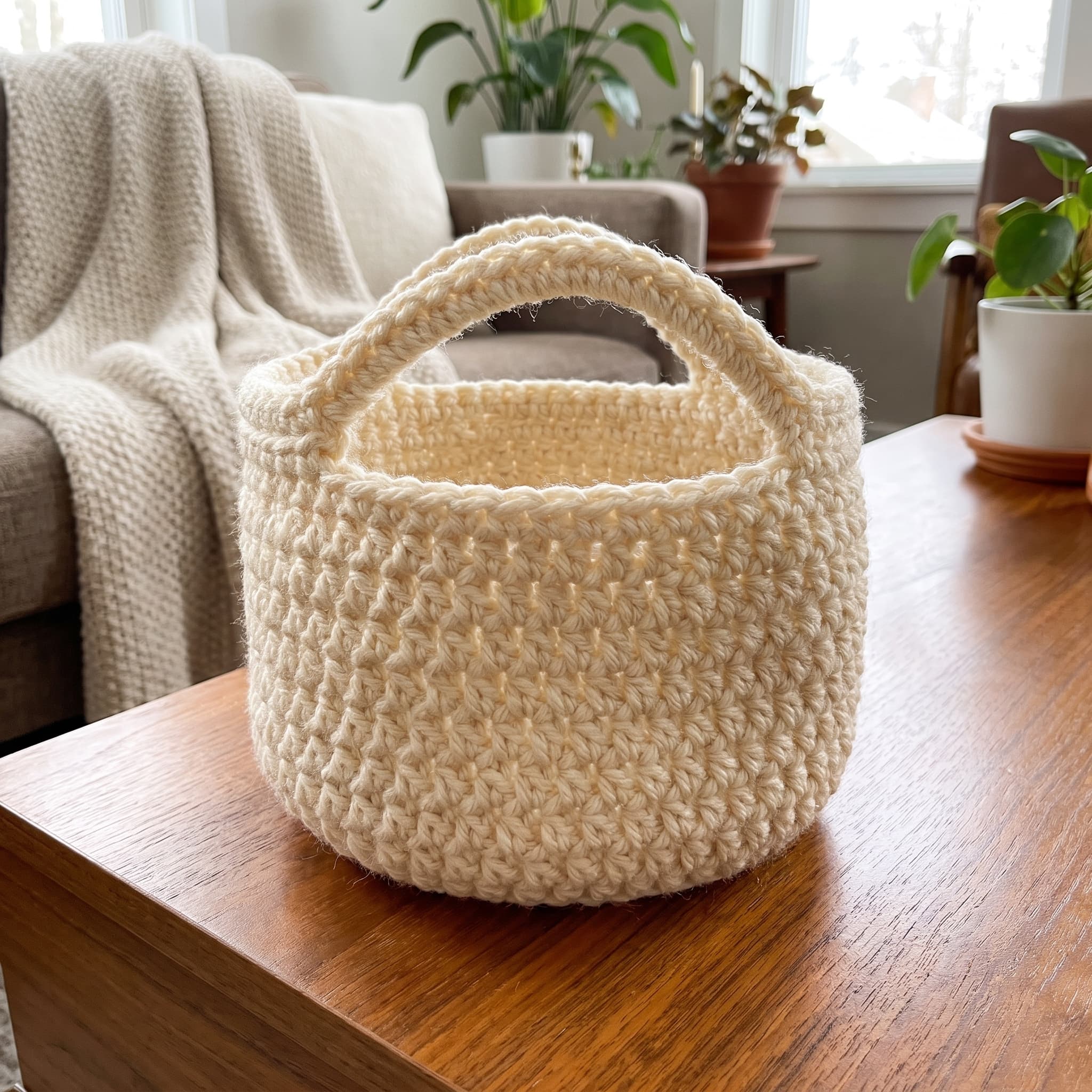 Cream crochet storage basket with handles on a wooden side table