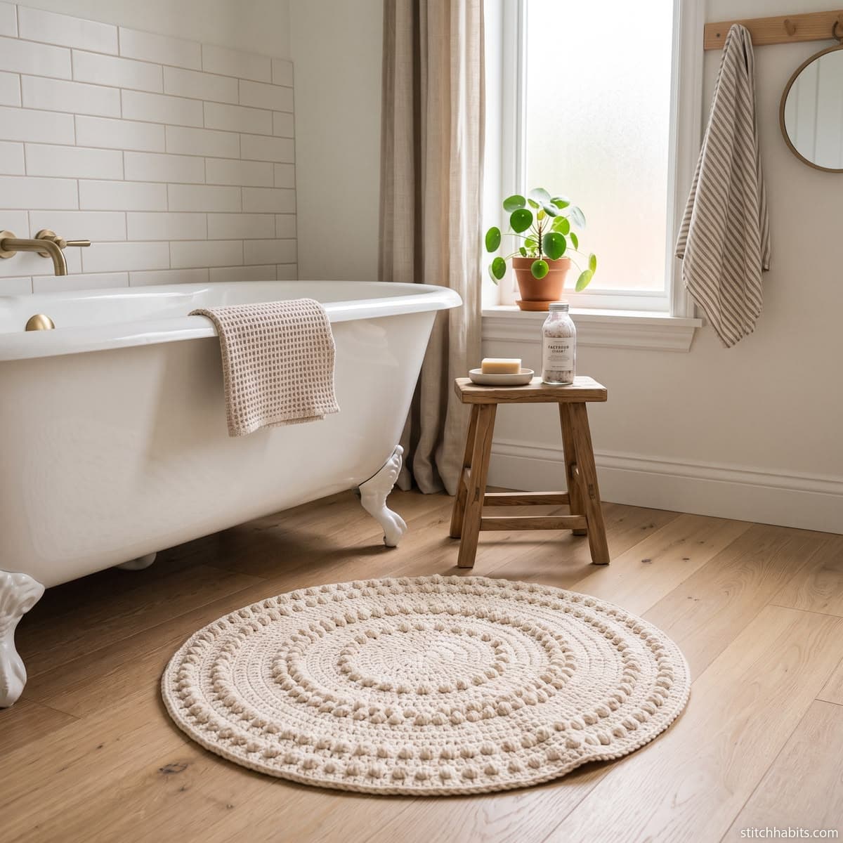 A soft handmade crochet bath mat in cotton yarn.