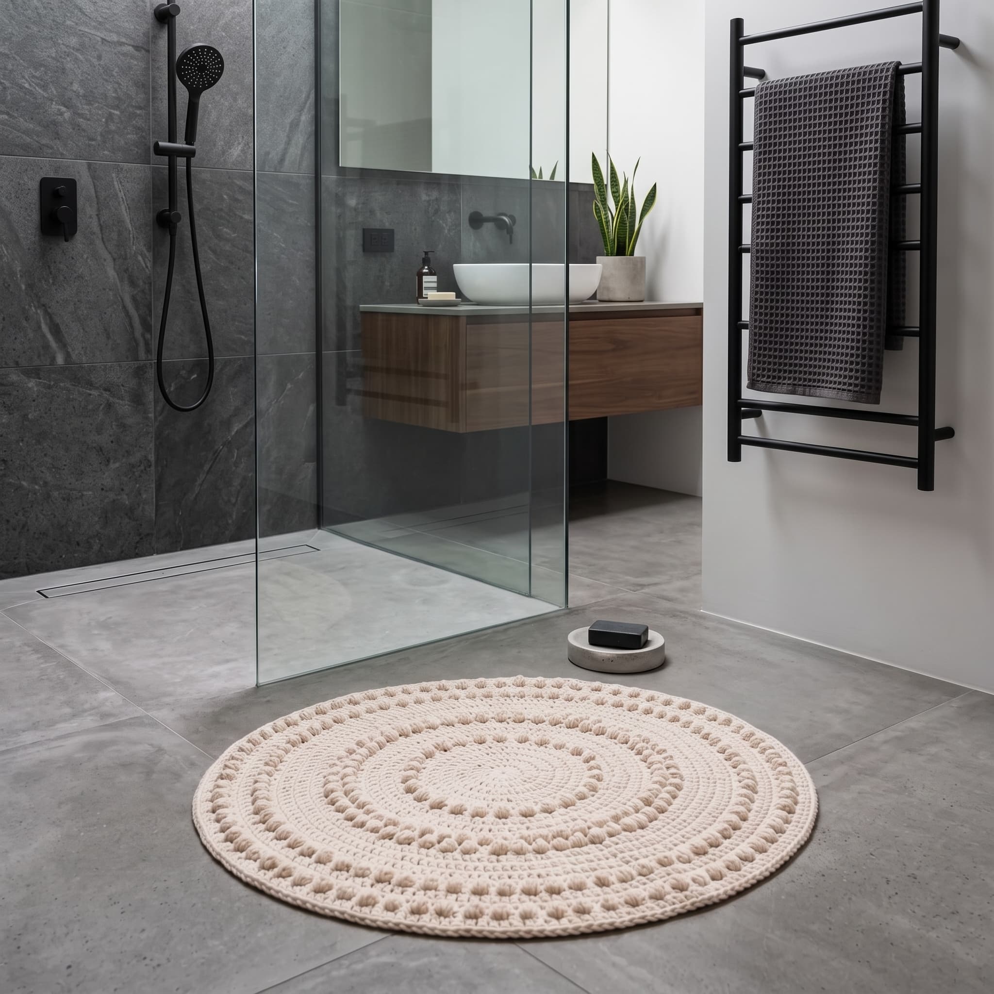 The crochet bath mat styled in a bathroom setting.