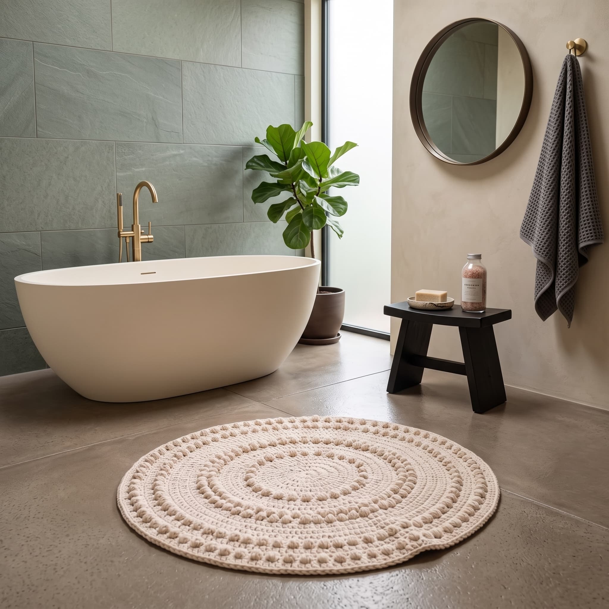 The crochet bath mat shown from another angle.