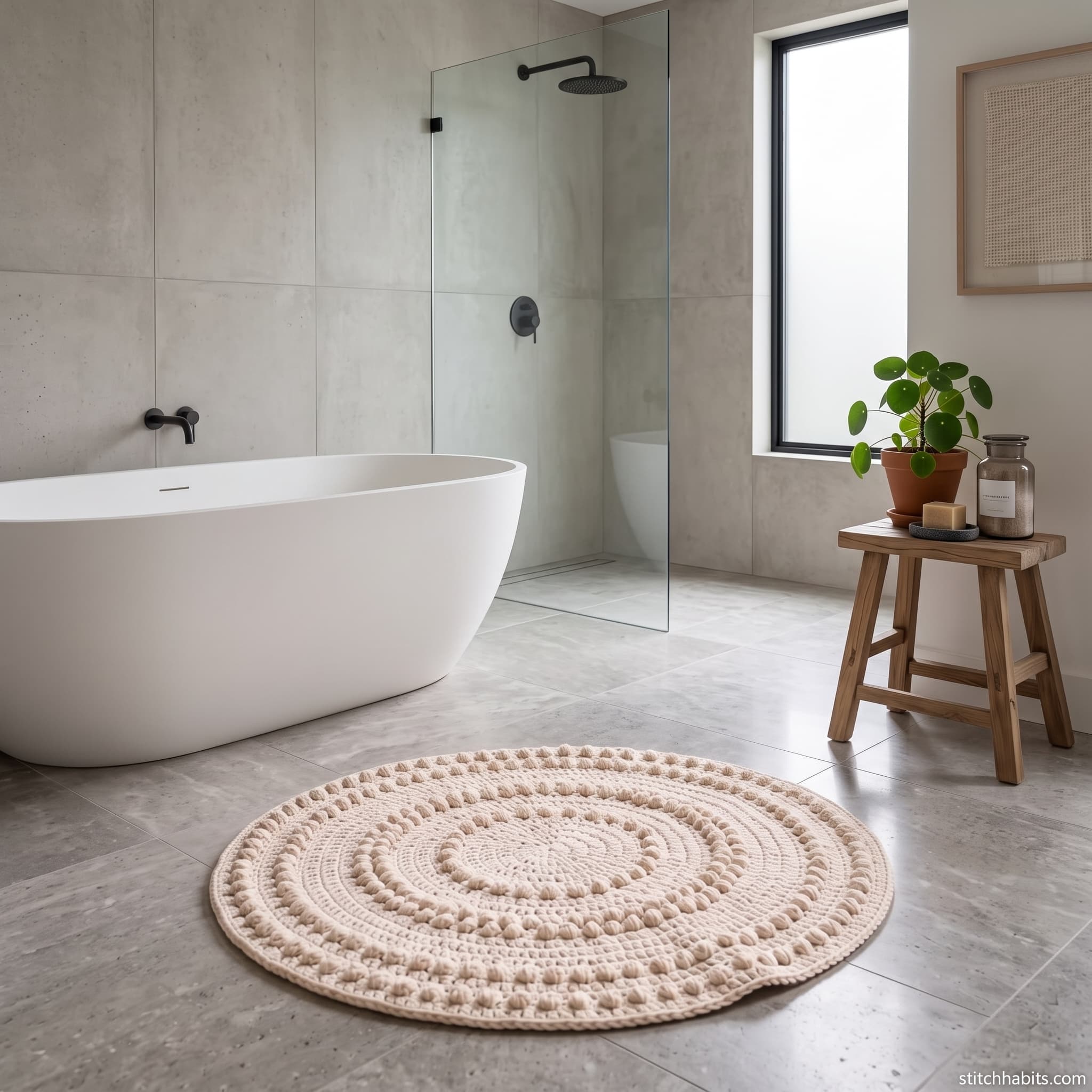 Close-up of the plush crochet bath mat texture.
