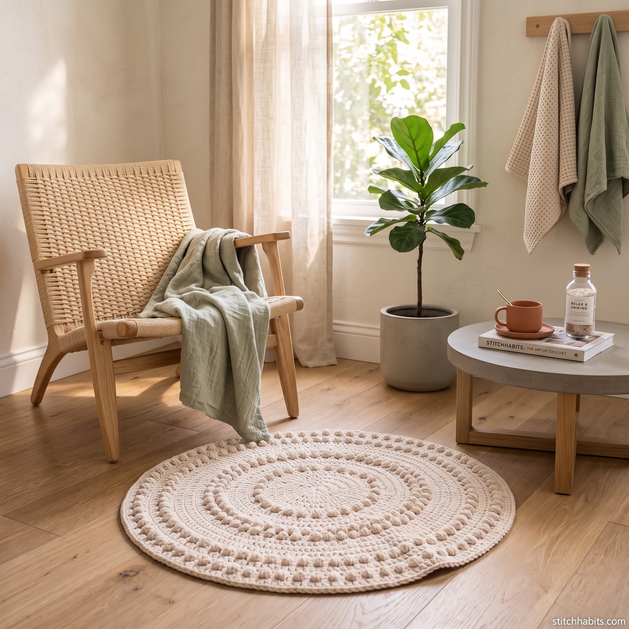 The handmade crochet bath mat on a bathroom floor.