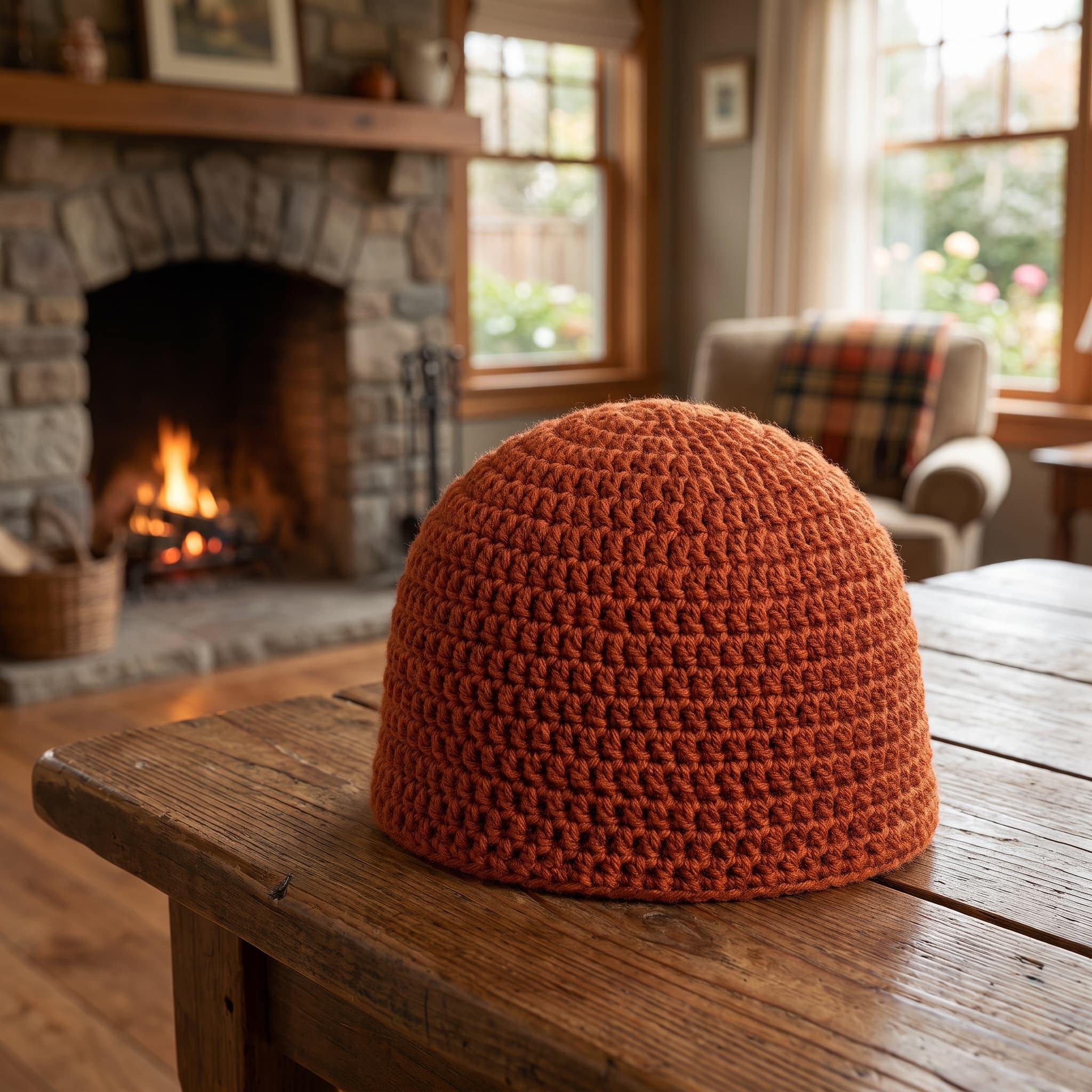 Orange crochet beanie on a rustic table in front of a lit stone fireplace