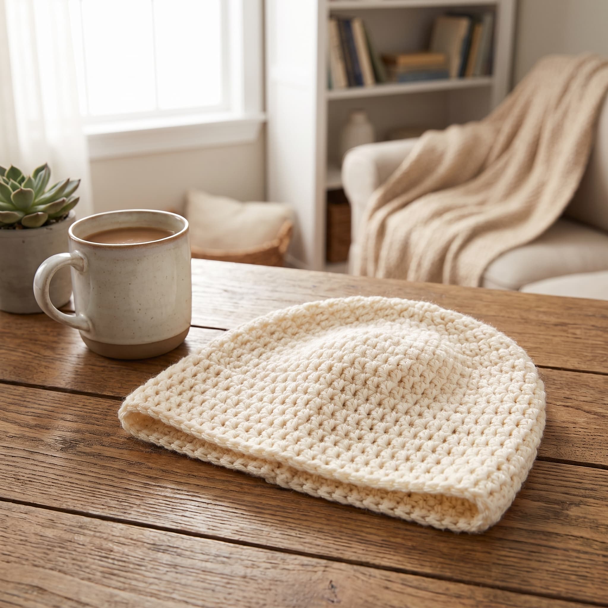 Cream folded crochet beanie beside a mug of coffee on a wooden table