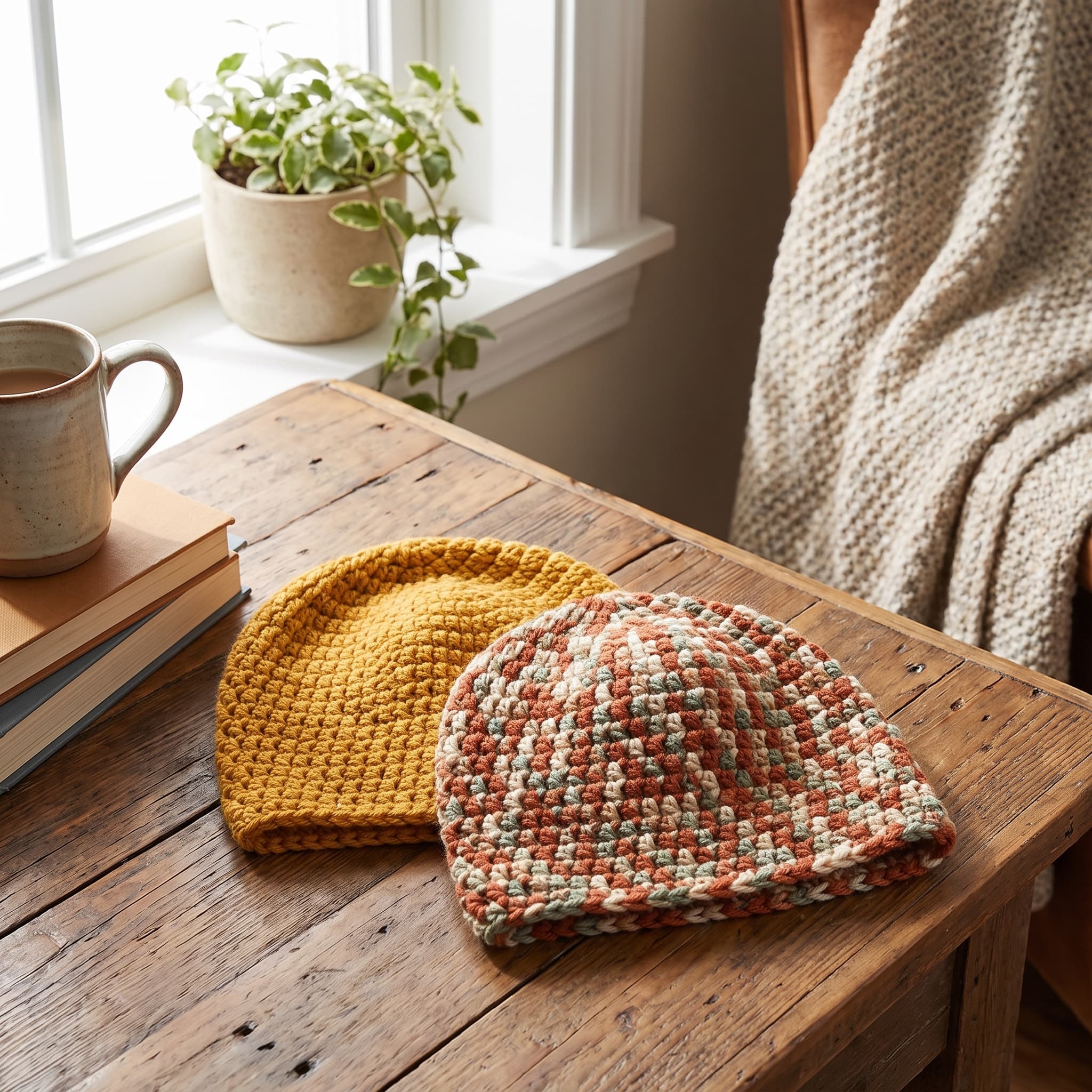 Two crochet beanies, mustard yellow and earthy variegated, on a wooden table