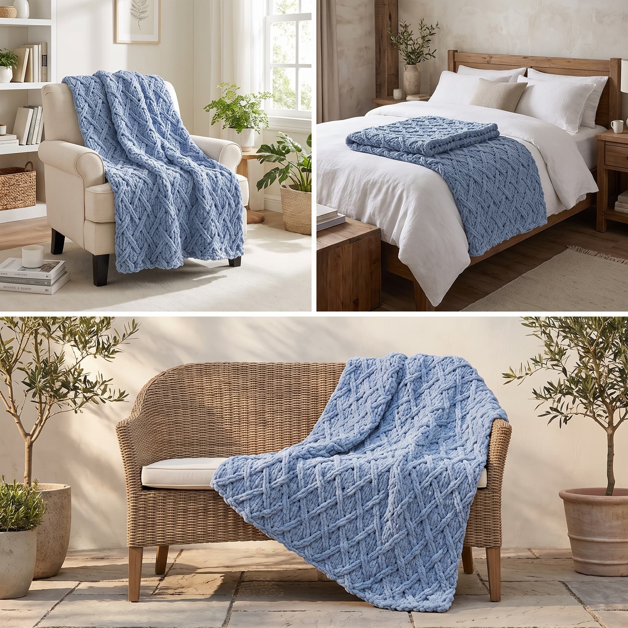 Chunky blue lattice-texture crochet blanket draped over an armchair, a bed, and a wicker bench