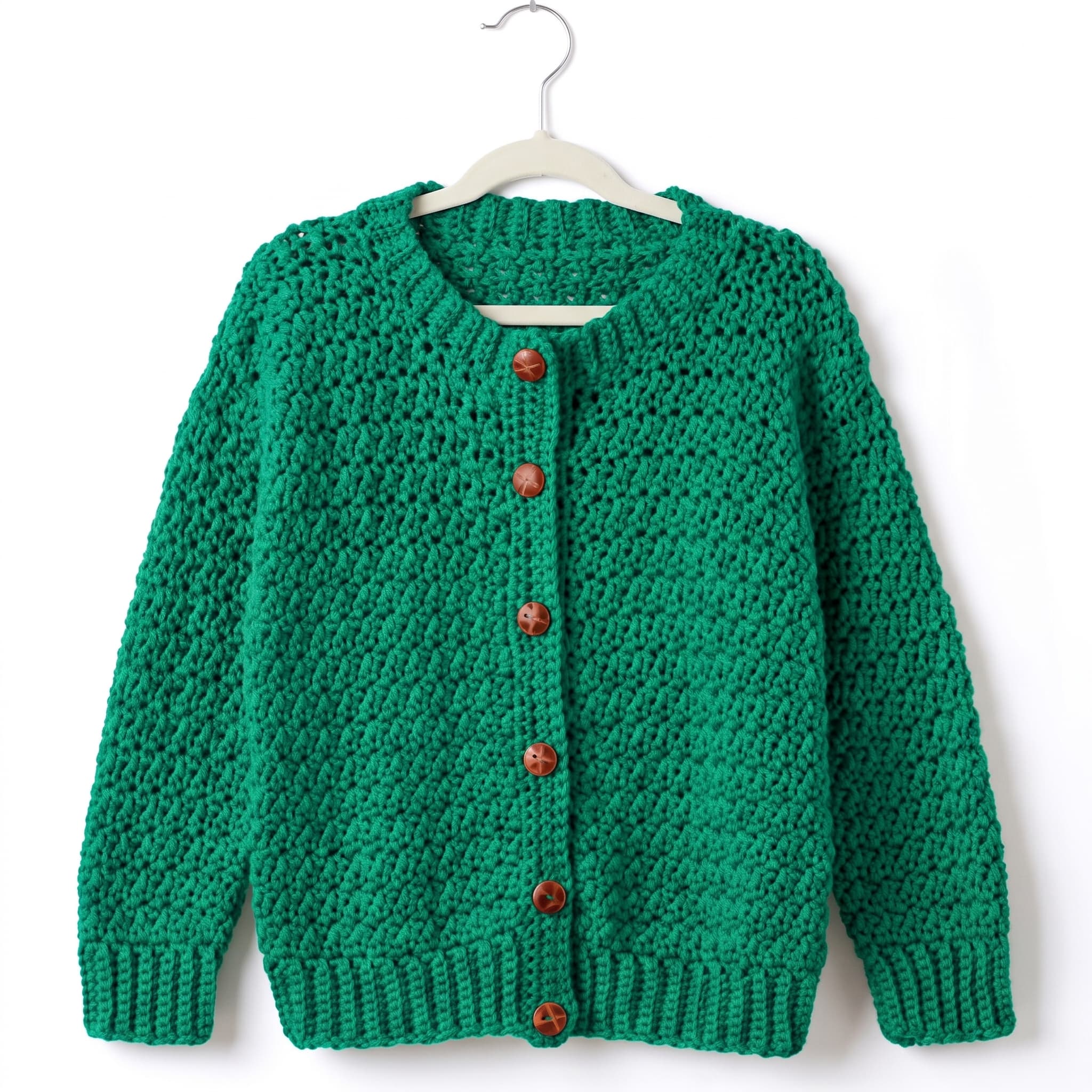 Green textured crochet crew-neck cardigan with wooden buttons on a hanger