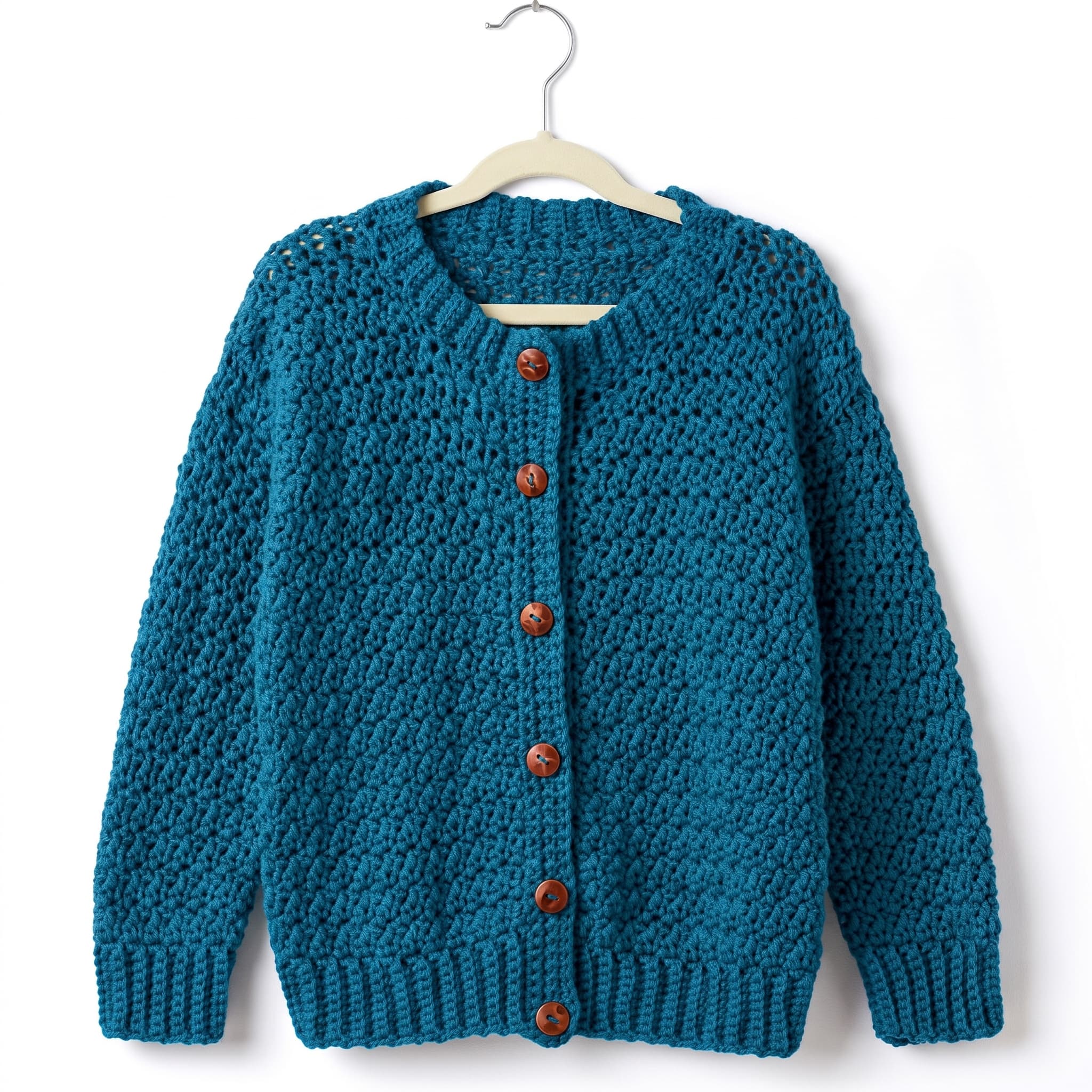 Blue-teal textured crochet crew-neck cardigan with wooden buttons on a hanger