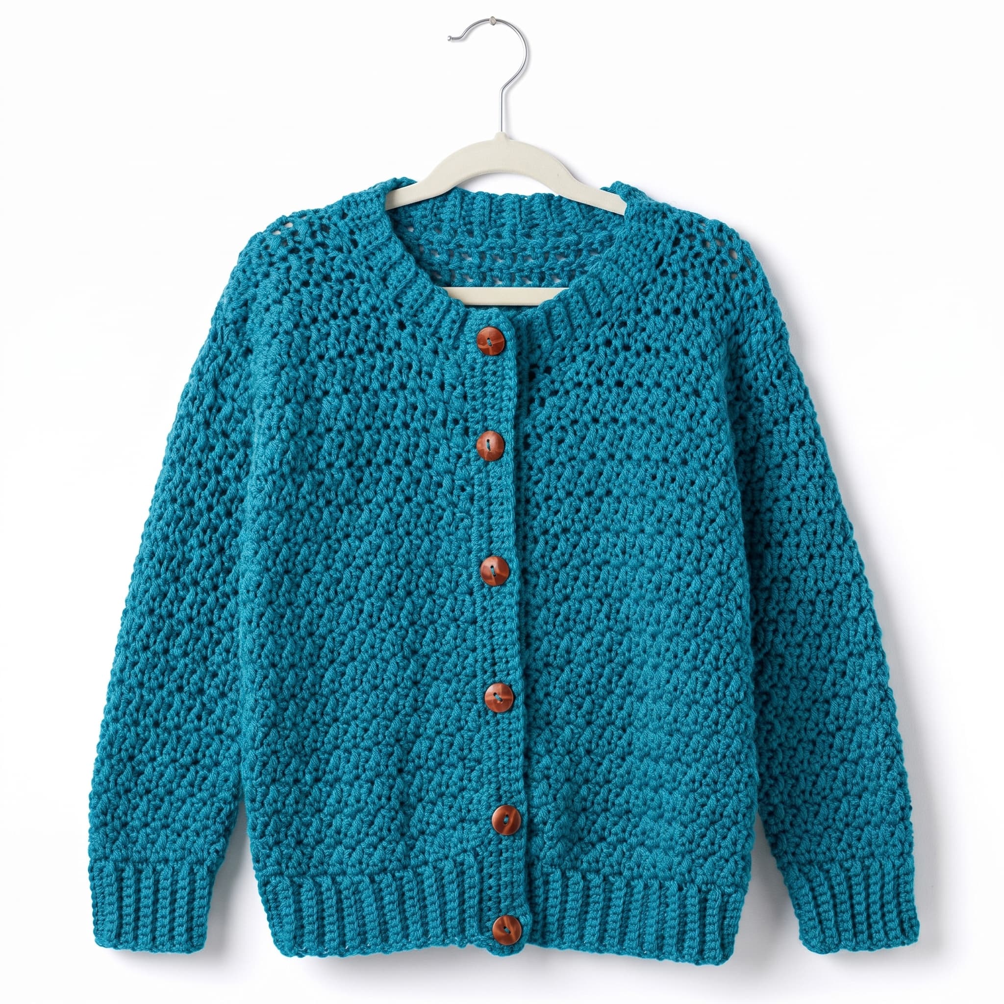 Deep teal textured crochet crew-neck cardigan with wooden buttons on a hanger