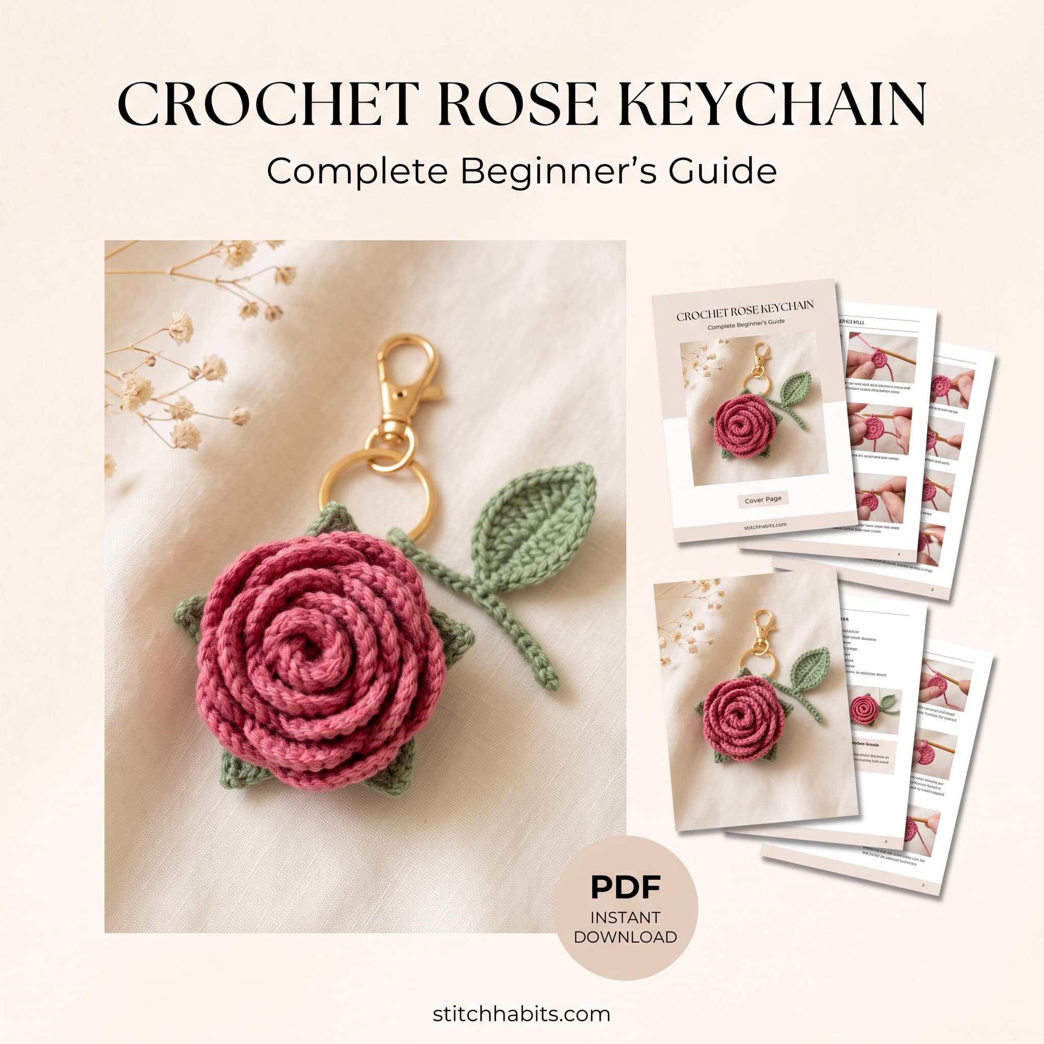 Crochet Rose Keychain pattern cover art: the finished keychain beside preview pages of the PDF guide.