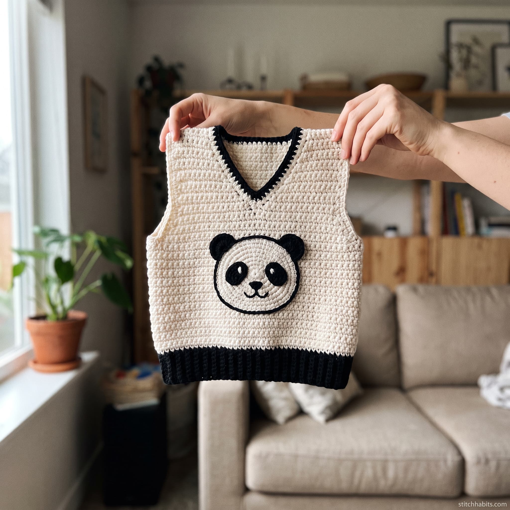 A woman holding up a handmade cream crochet vest with a black-and-white panda appliqué and black ribbed trim.