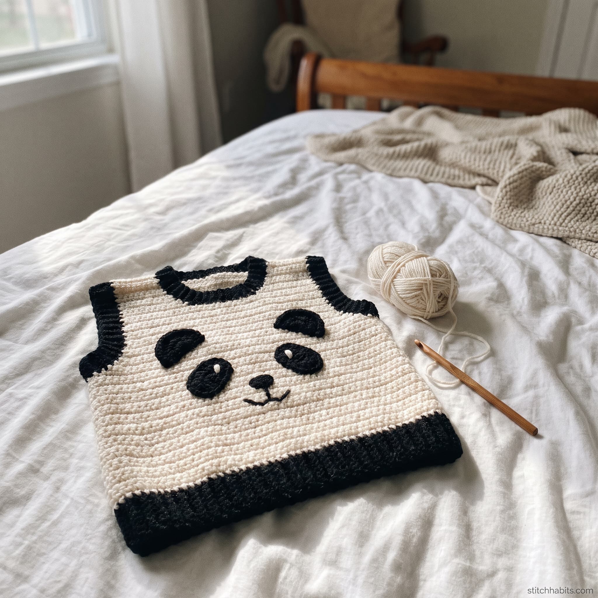 The finished cream and black panda crochet vest laid flat on a bed beside a ball of cream yarn and a wooden crochet hook.