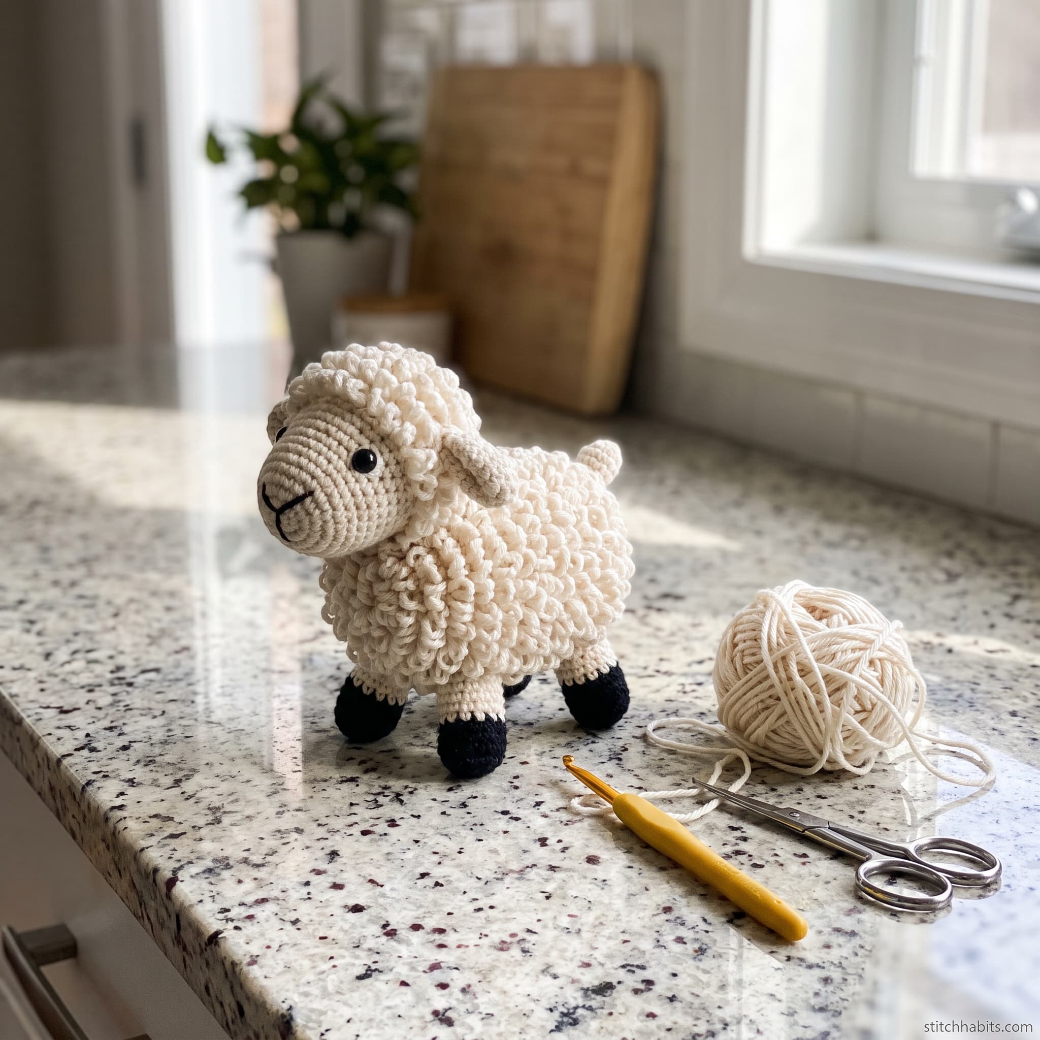 A handmade cream crochet sheep amigurumi with a fluffy loop-stitch fleece and black legs, standing on a kitchen counter beside a crochet hook and yarn.