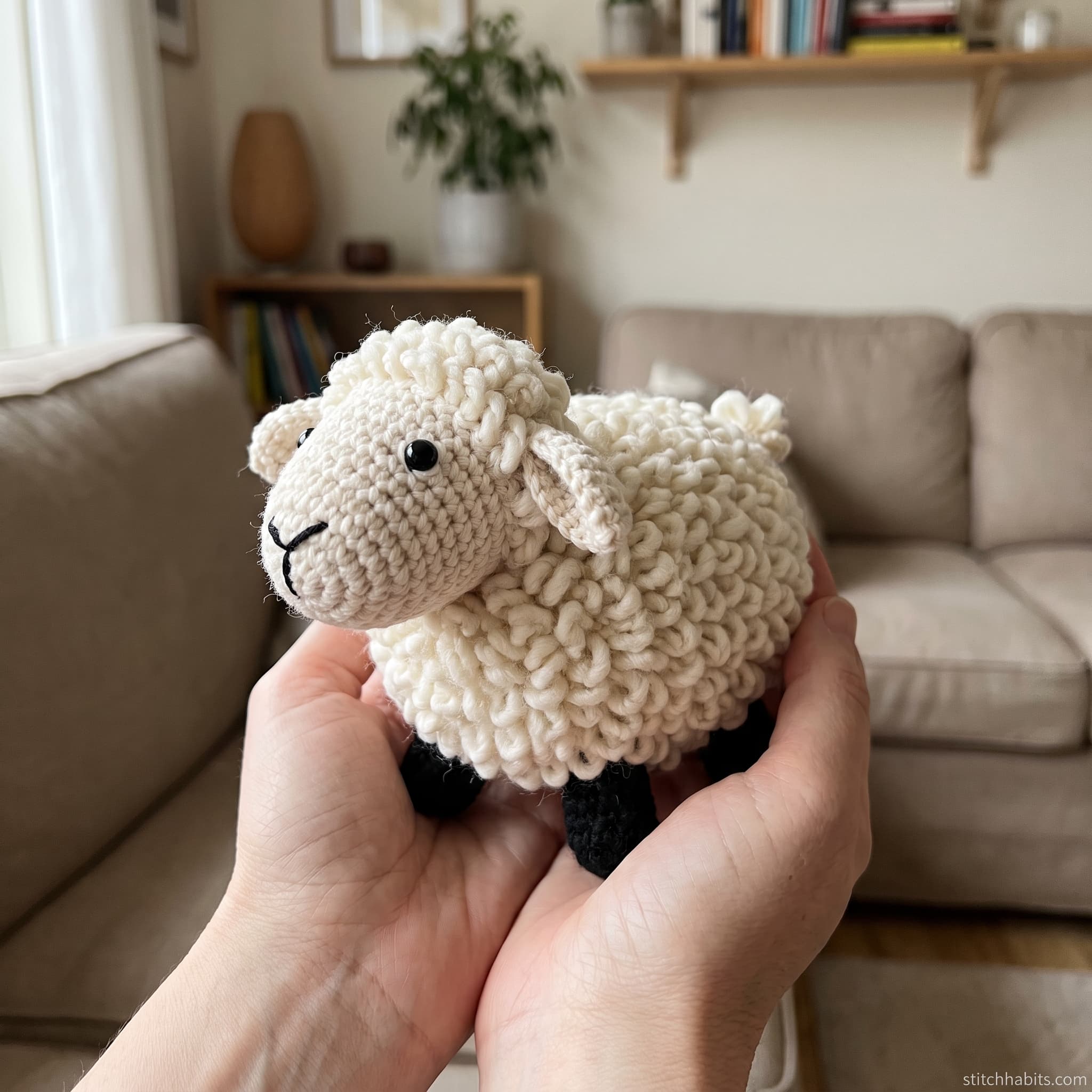 A woman holding a handmade cream crochet sheep amigurumi with a fluffy fleece and embroidered face.