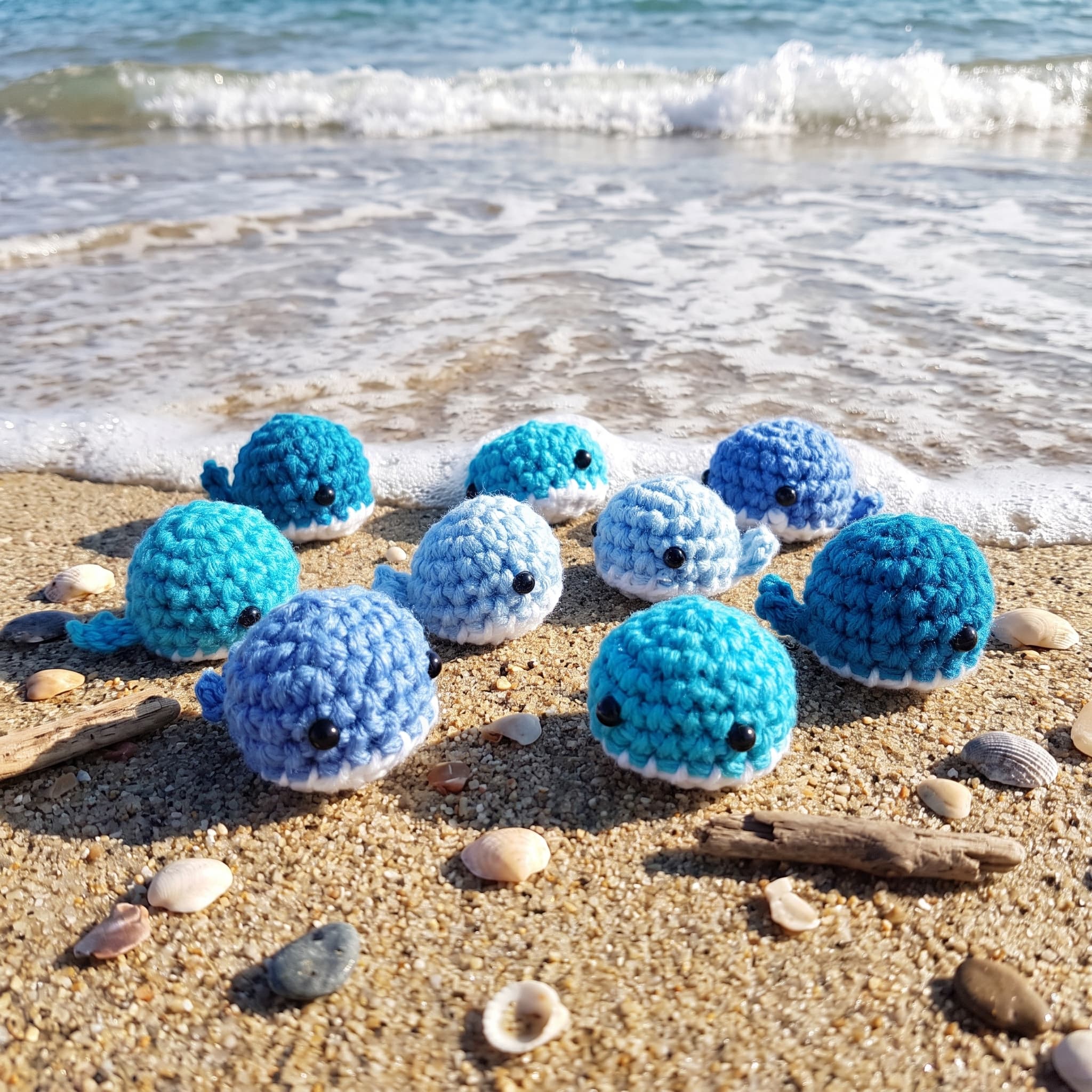 Crocheted amigurumi animals from the bundle arranged together.