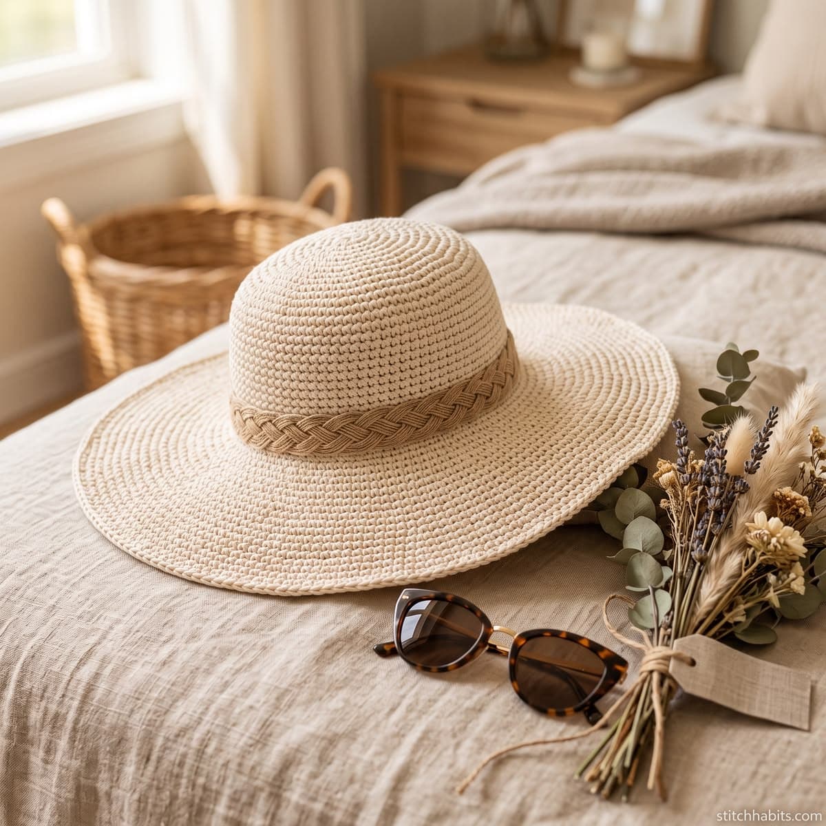 A handmade crochet wide-brim sun hat for women.