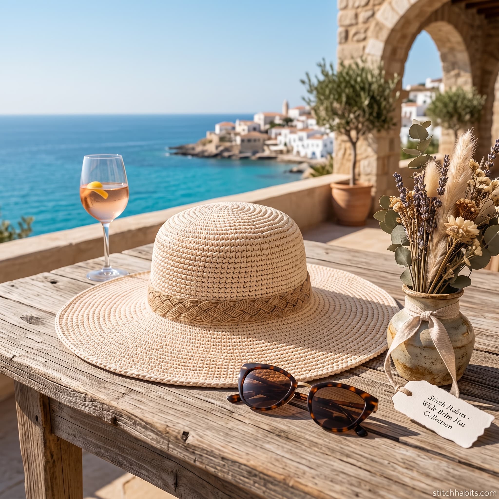 The crochet wide-brim sun hat styled outdoors.