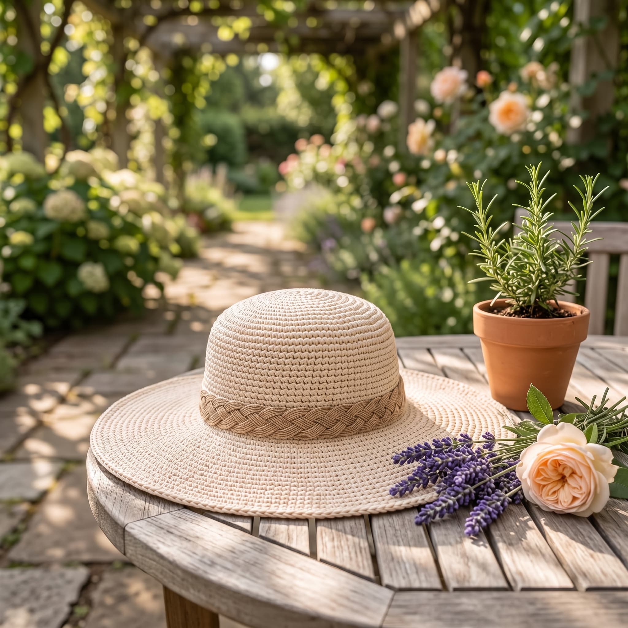 The crochet wide-brim sun hat shown from another angle.