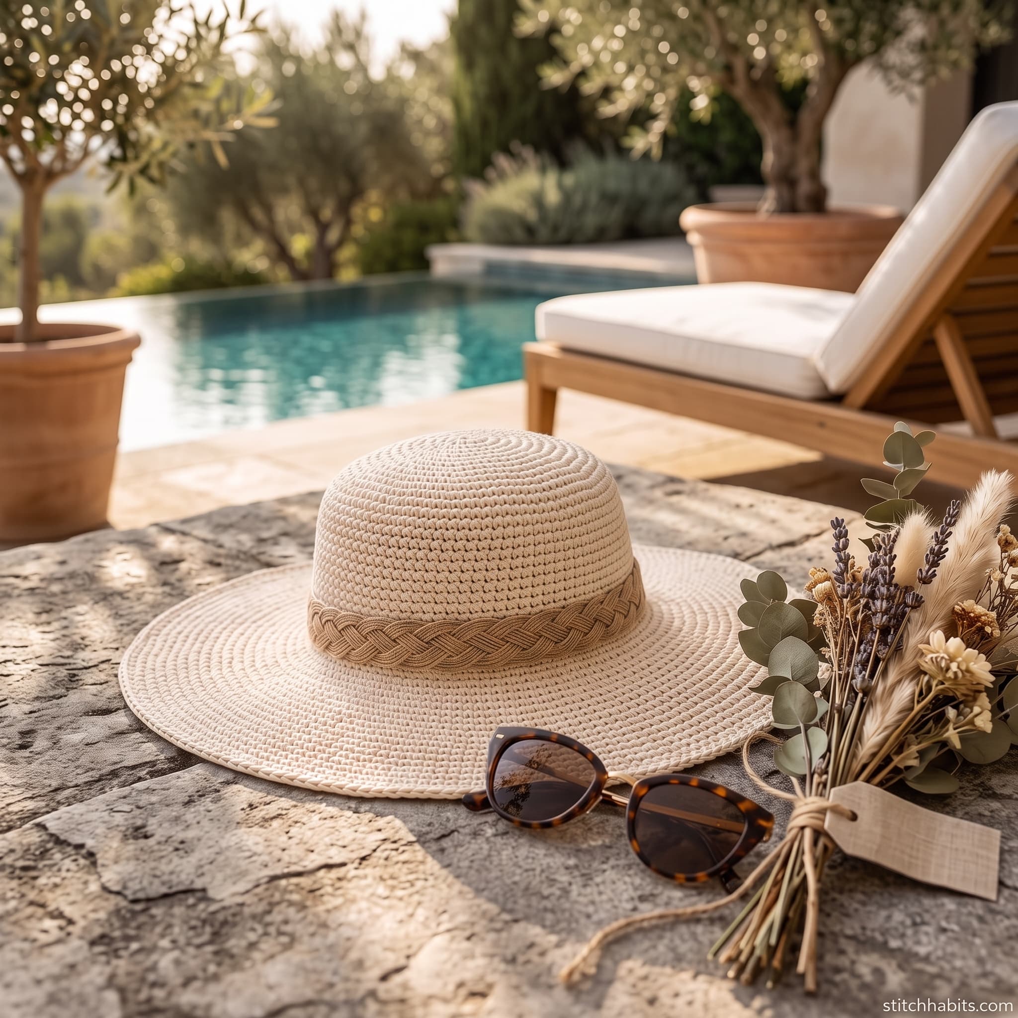 Close-up of the crochet sun hat's brim and weave.