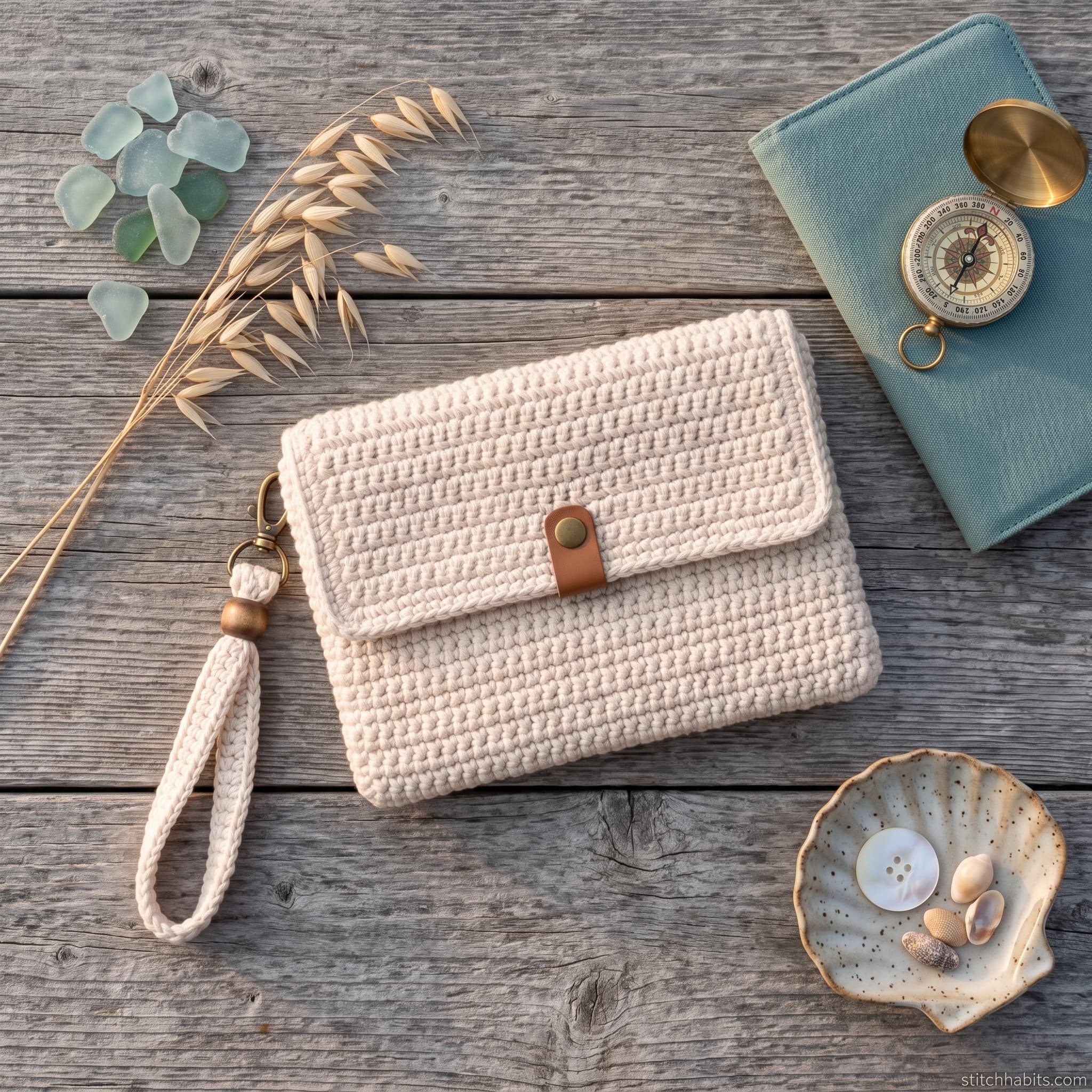 The crochet wristlet pouch styled in a home setting.