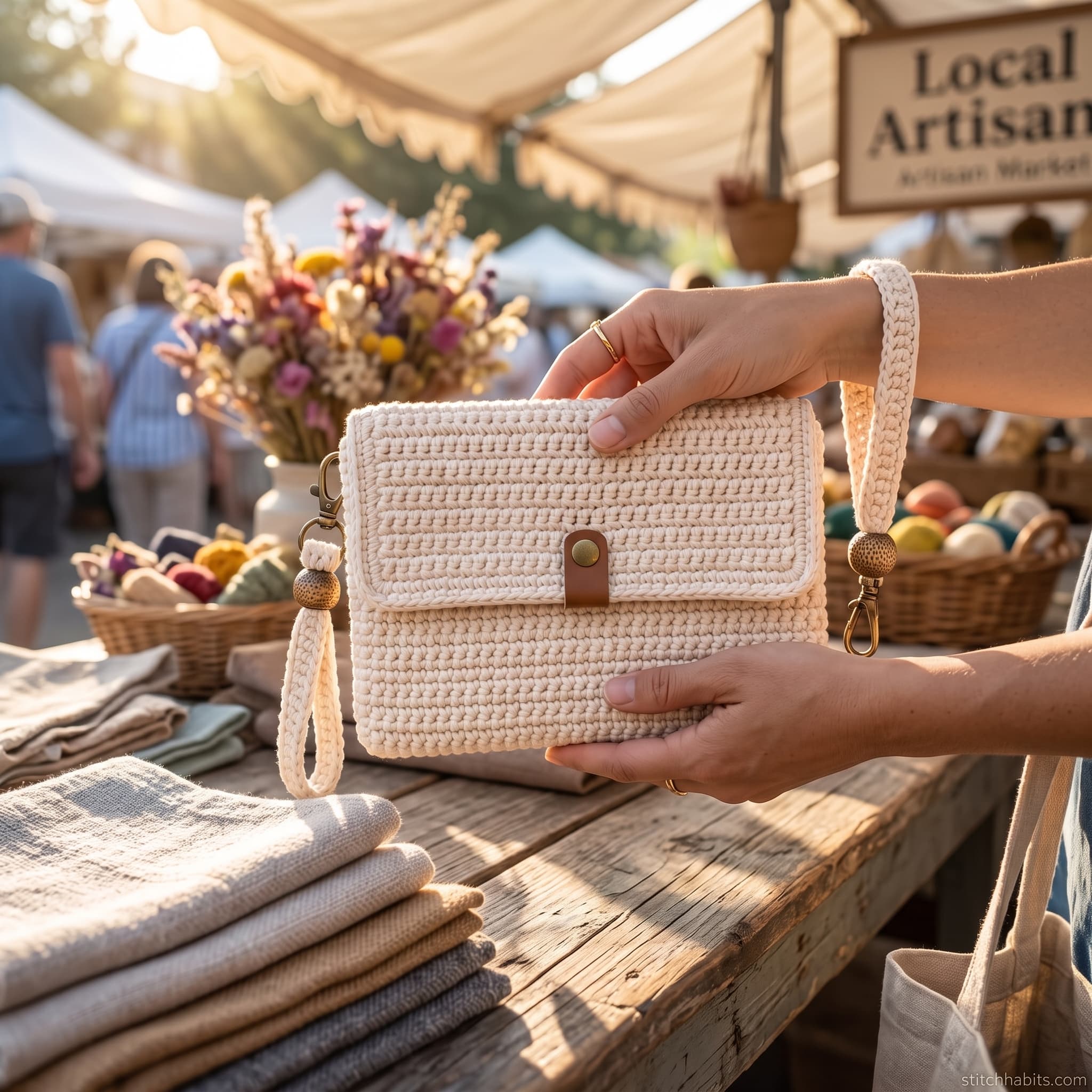 The crochet wristlet pouch shown from another angle.