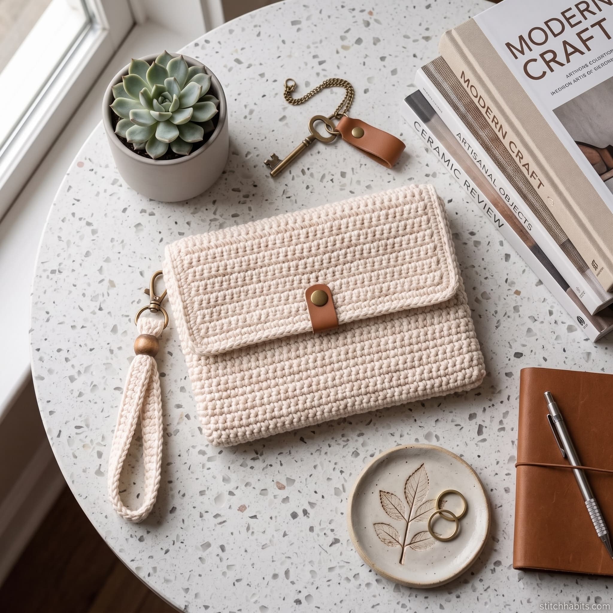 Close-up of the crochet wristlet pouch texture.