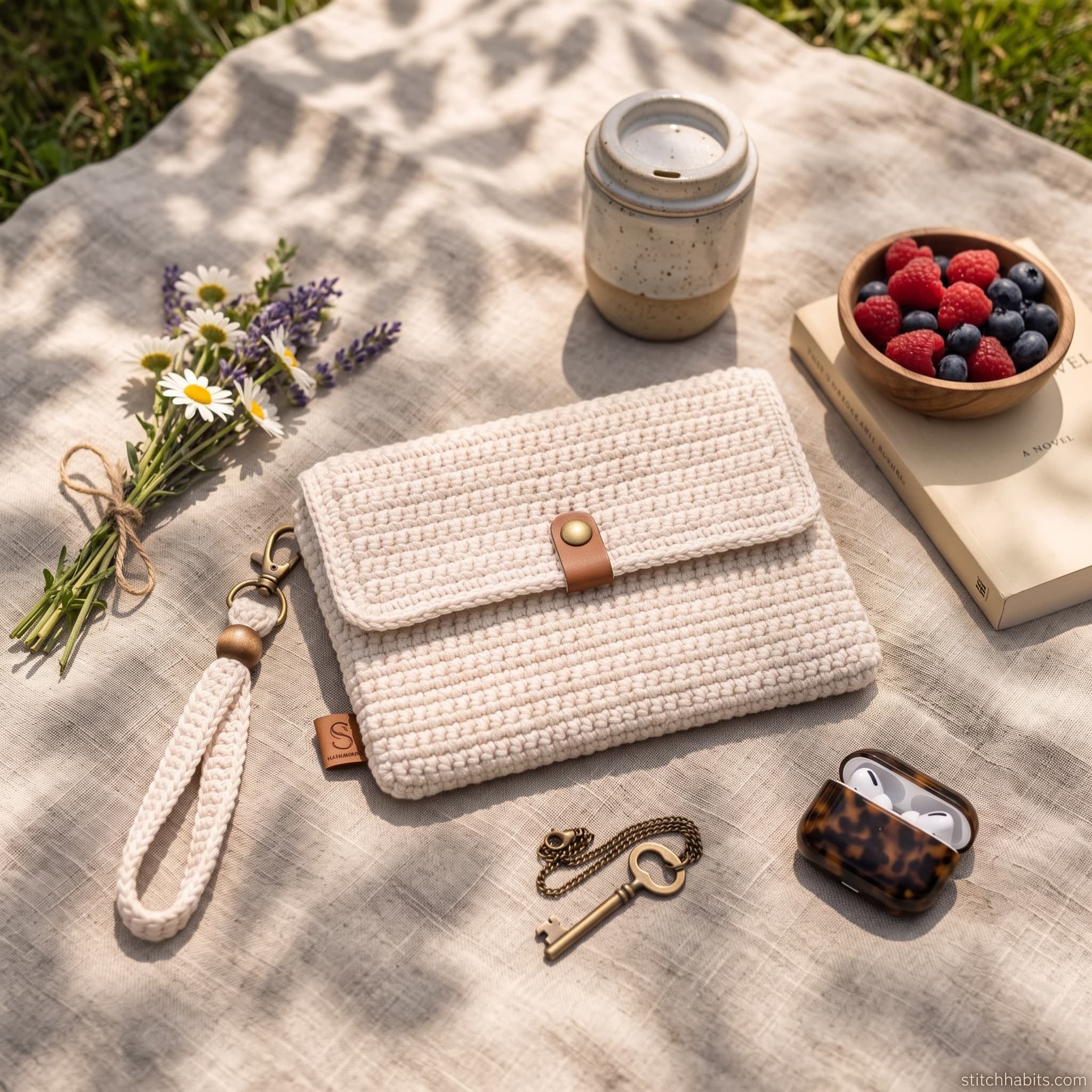 The handmade crochet wristlet pouch held in hand.
