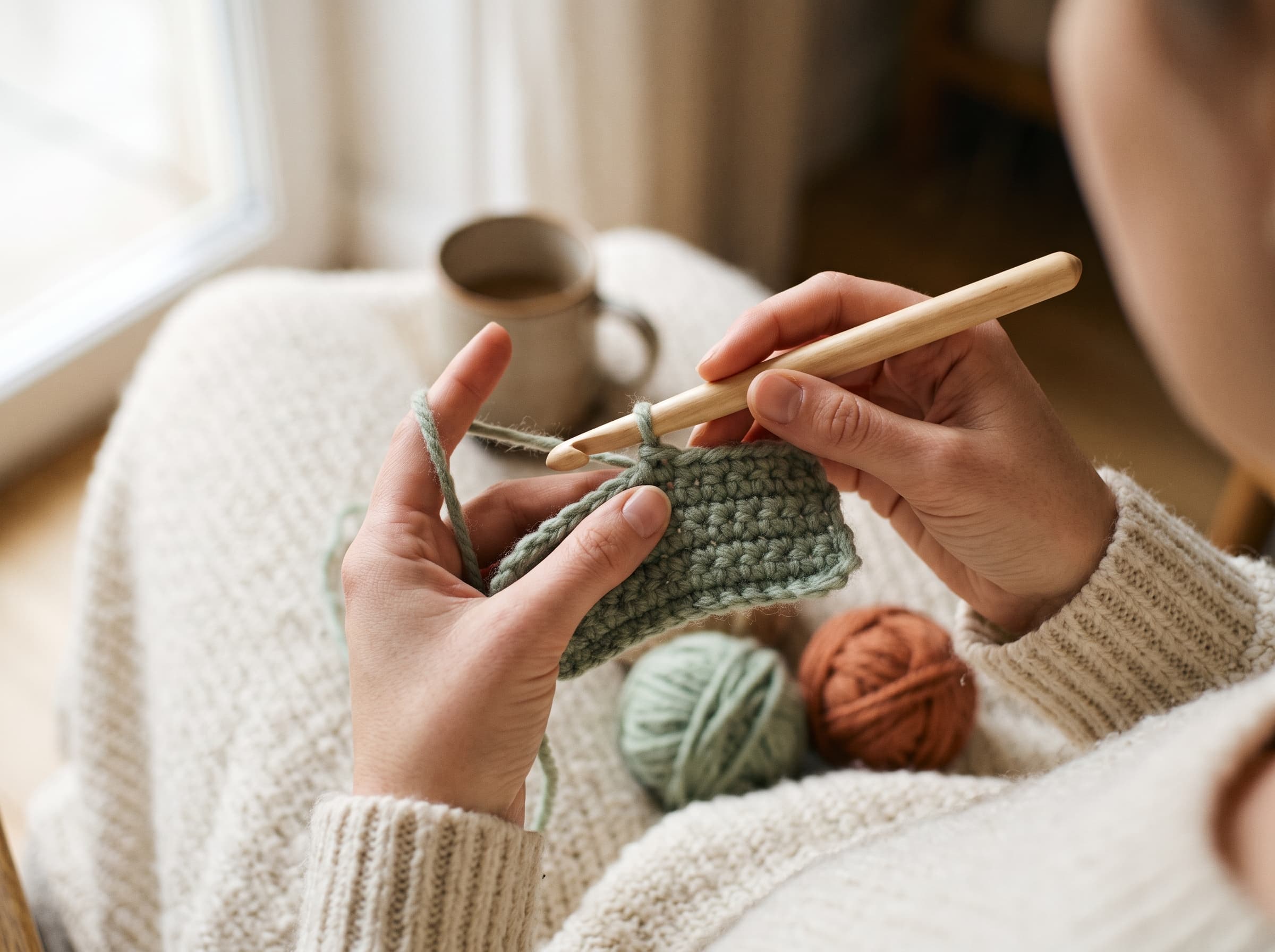 A beginner's hands holding a wooden crochet hook mid-stitch in sage green yarn, with a mug and balls of sage and terracotta yarn nearby