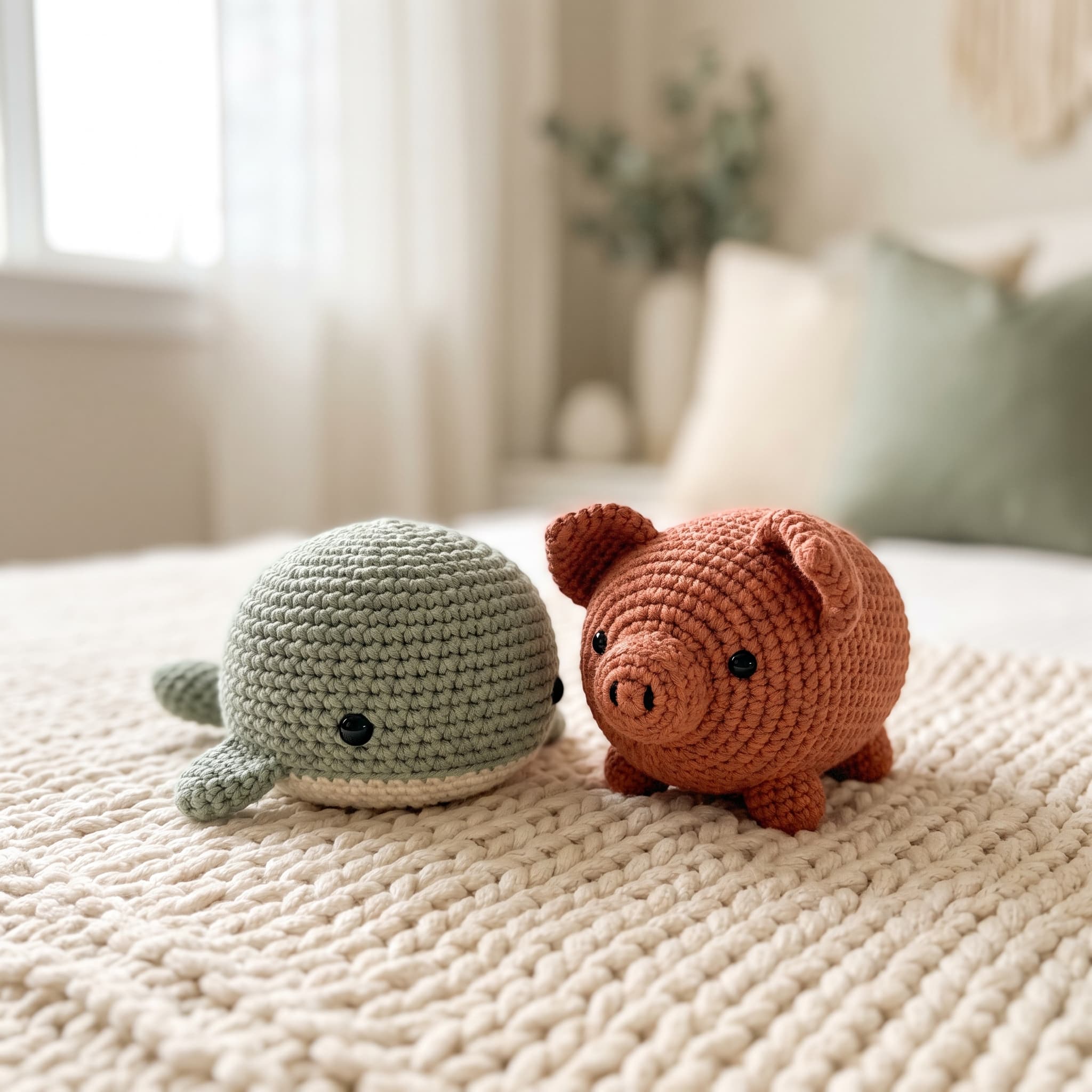 Two crocheted amigurumi toys, a green whale and a pink pig, on a knitted blanket