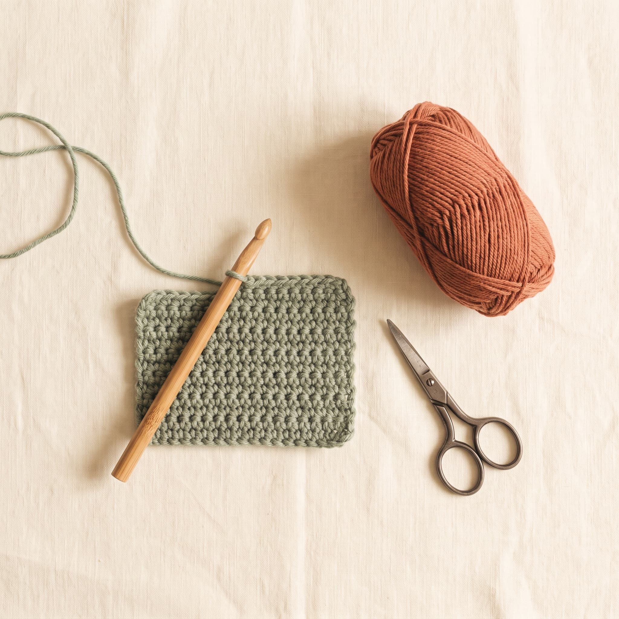 Flat-lay of a sage green crochet swatch with a bamboo hook, scissors, and a ball of terracotta yarn