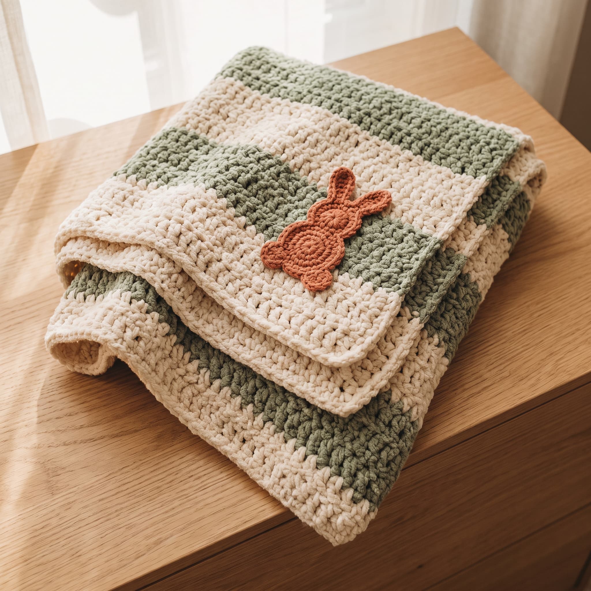 Folded sage and cream crochet baby blanket with a small crochet bunny motif