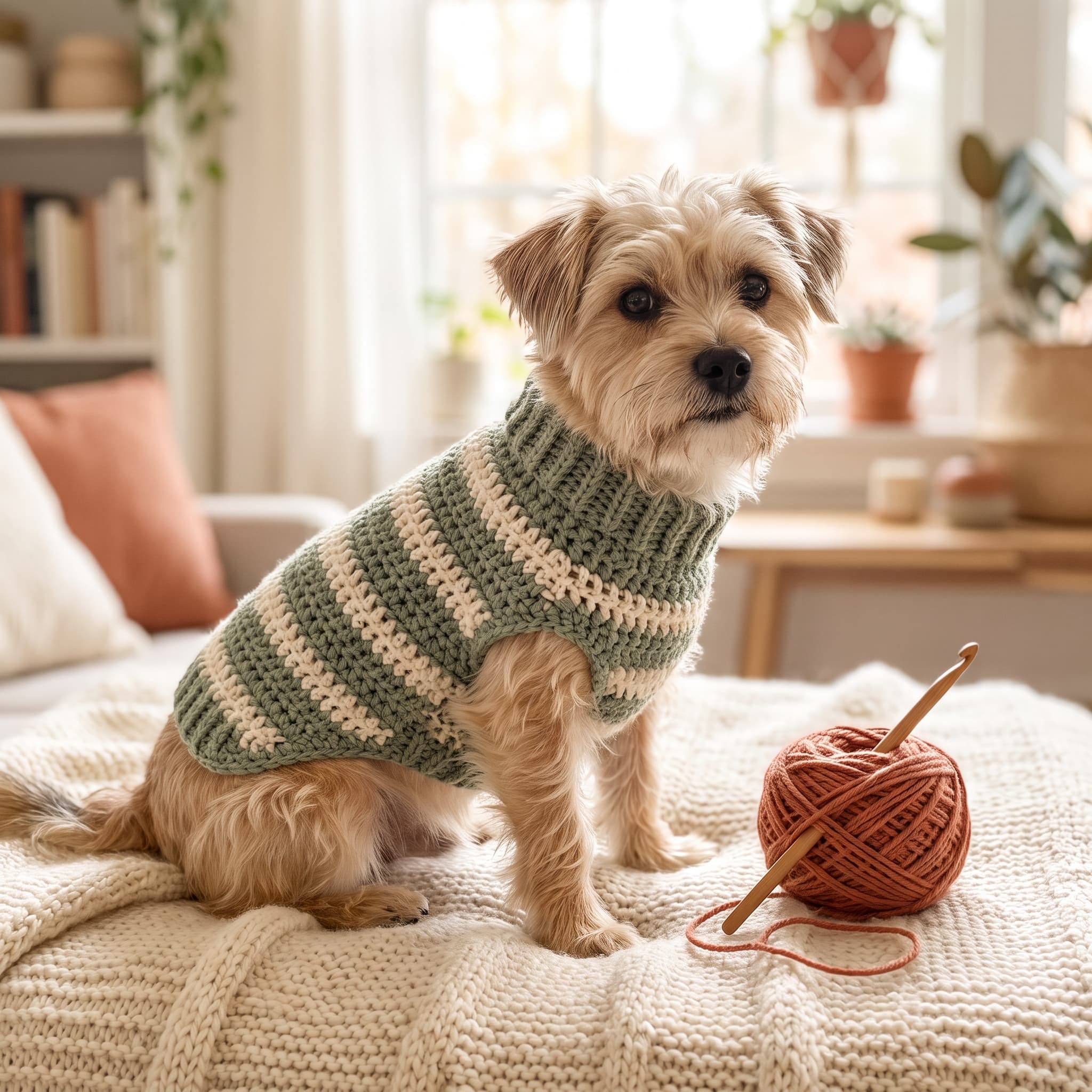 Small terrier dog wearing a green and cream striped crochet sweater