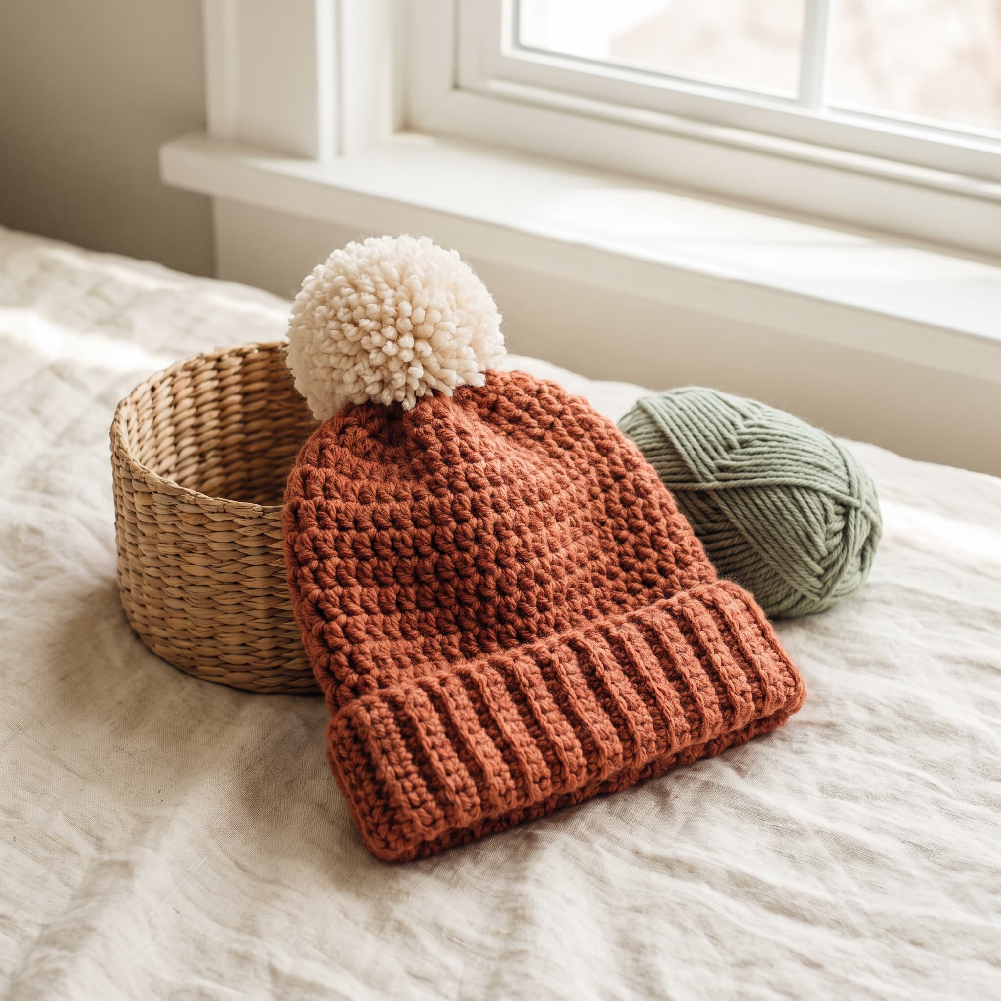 Terracotta crochet beanie with a cream pom-pom beside a woven basket and green yarn