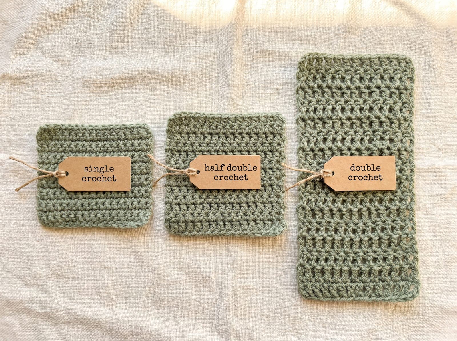 Three crochet swatches labeled single, half double, and double crochet, showing double crochet as the tallest and most open.