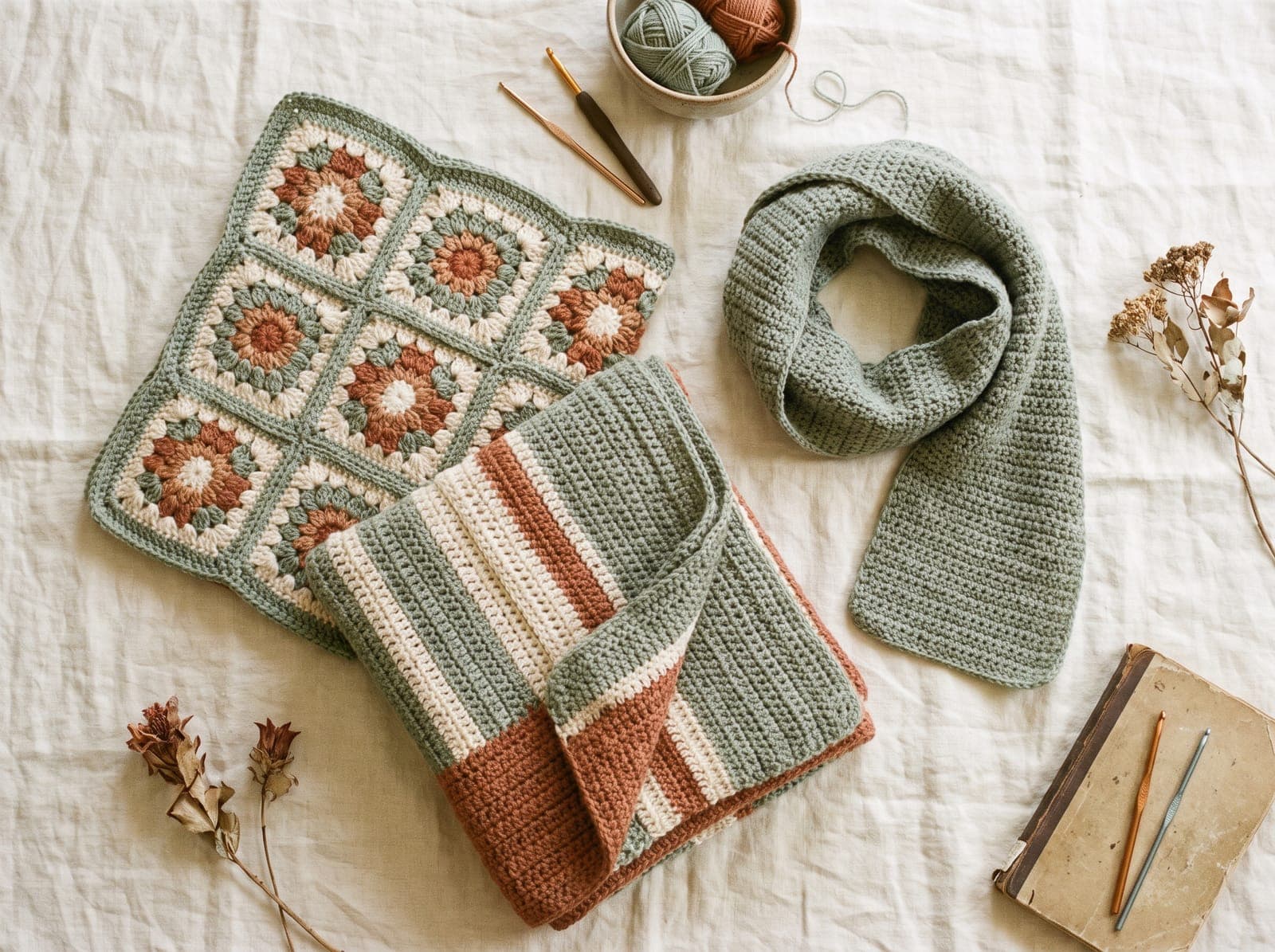 Three finished double crochet projects, a granny square, a blanket, and a scarf, arranged on linen.