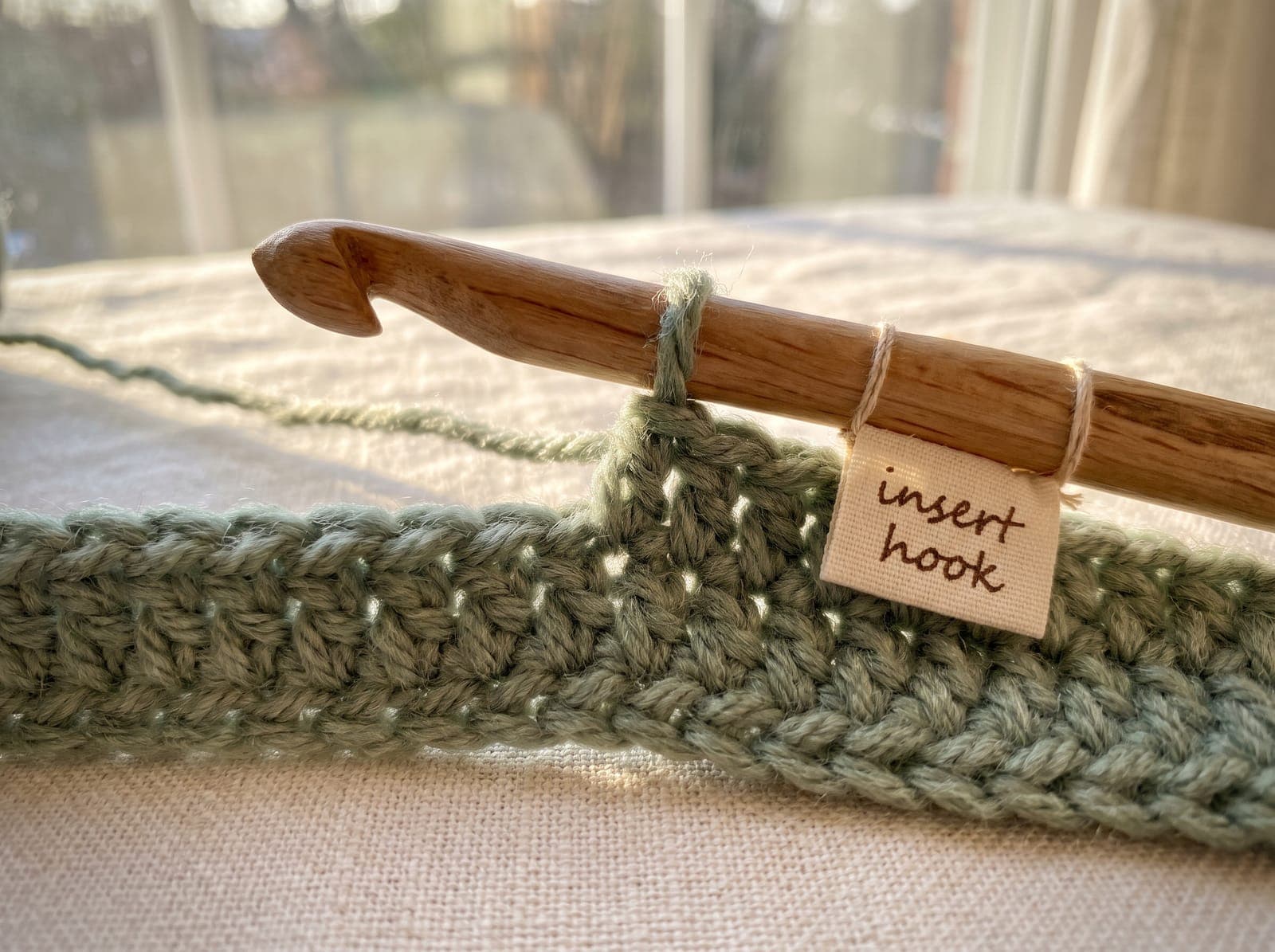 Crochet hook holding a yarn over inserted under the top two loops of a stitch.