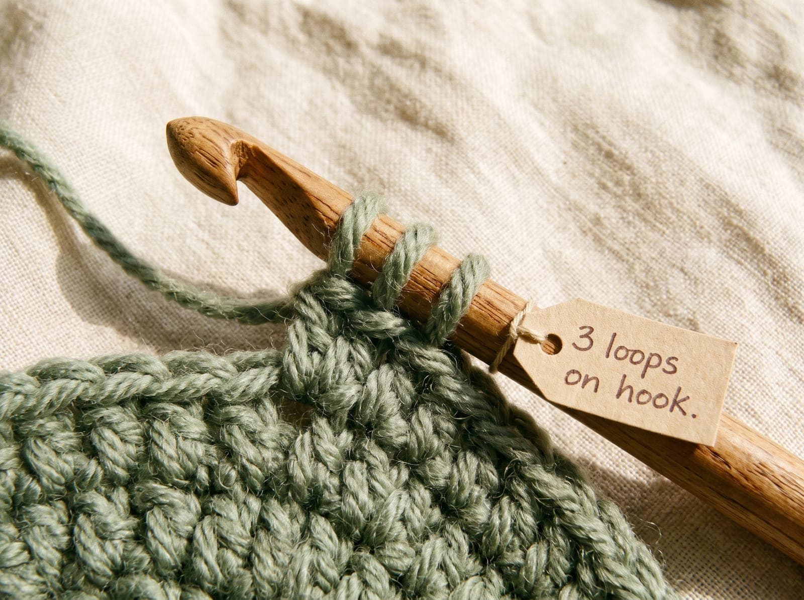 Three loops on a crochet hook after pulling up a loop for double crochet.
