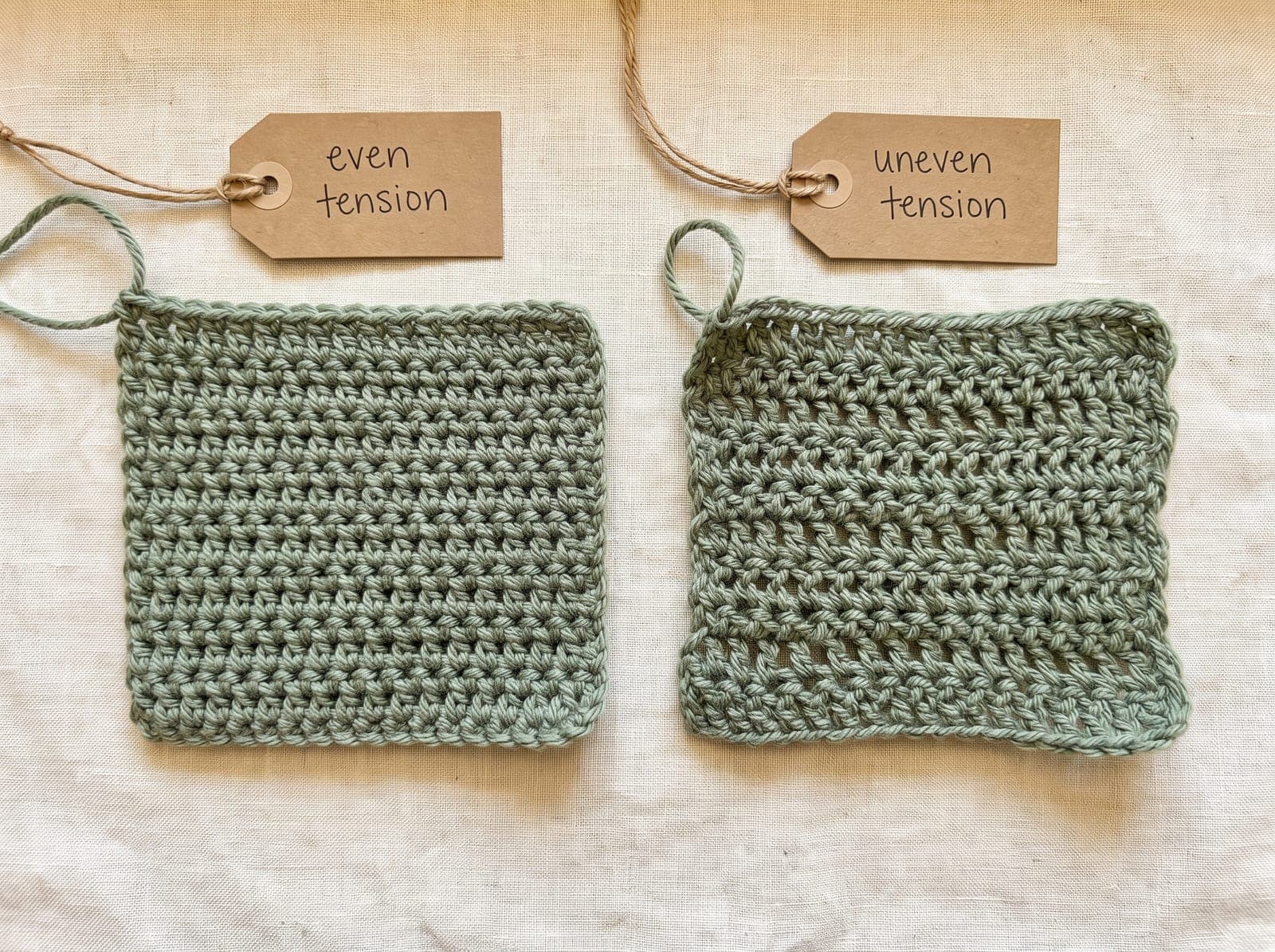 Two double crochet swatches compared, one with even tension and straight edges, one with uneven tension and wavy, gappy stitches.