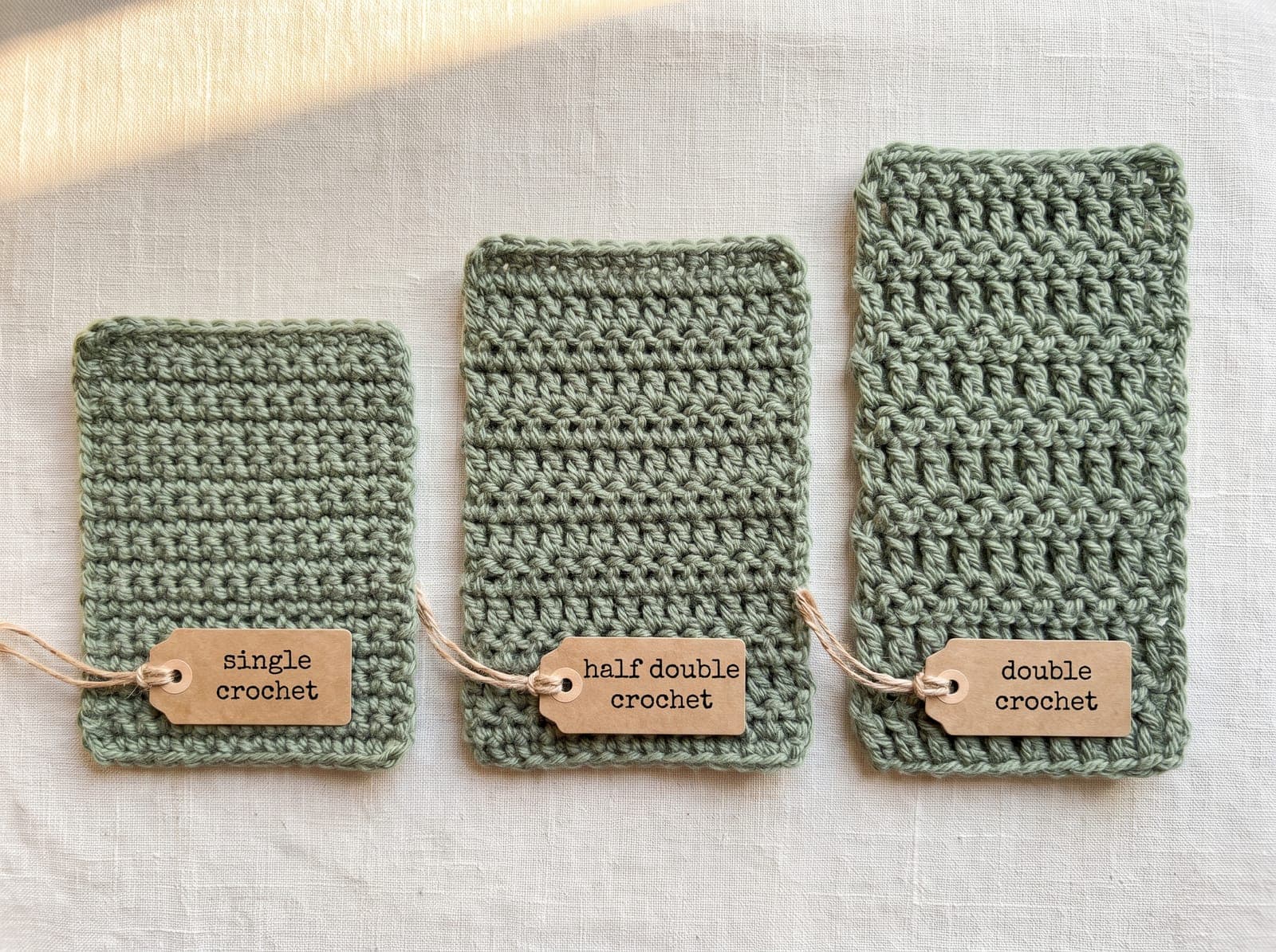 Three crochet swatches labeled single, half double, and double crochet, showing half double crochet's medium height.