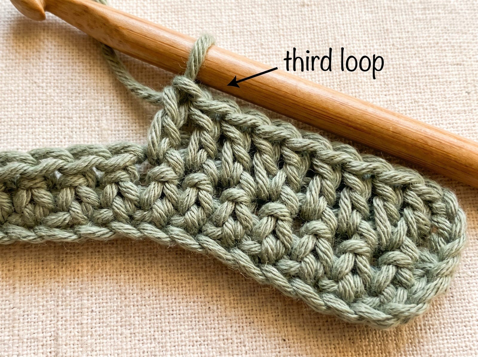 A row of half double crochet tilted forward with the third loop highlighted behind the top V.