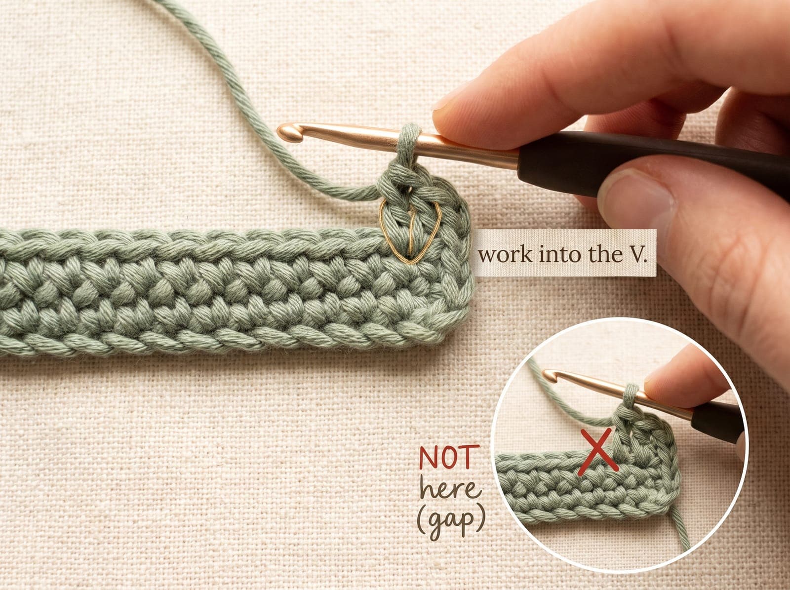 Row of single crochet with the top V of each stitch highlighted to show where to insert the hook.