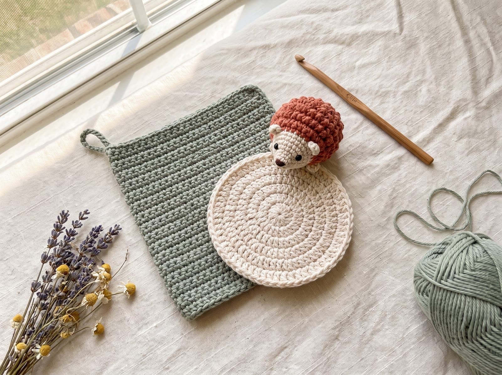 Three finished single crochet projects, a washcloth, a coaster, and a small amigurumi, arranged on linen.