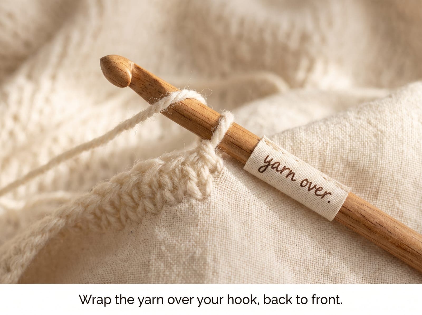 Yarn wrapped over the crochet hook to make a yarn over.