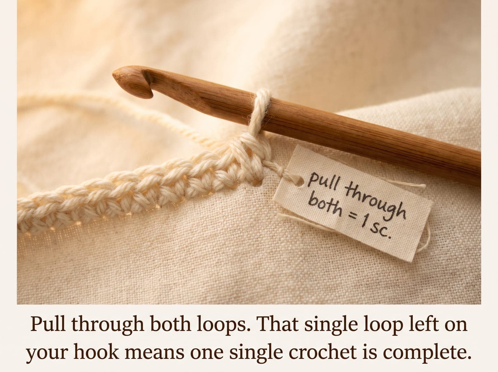 Pulling yarn through both loops to complete one single crochet.