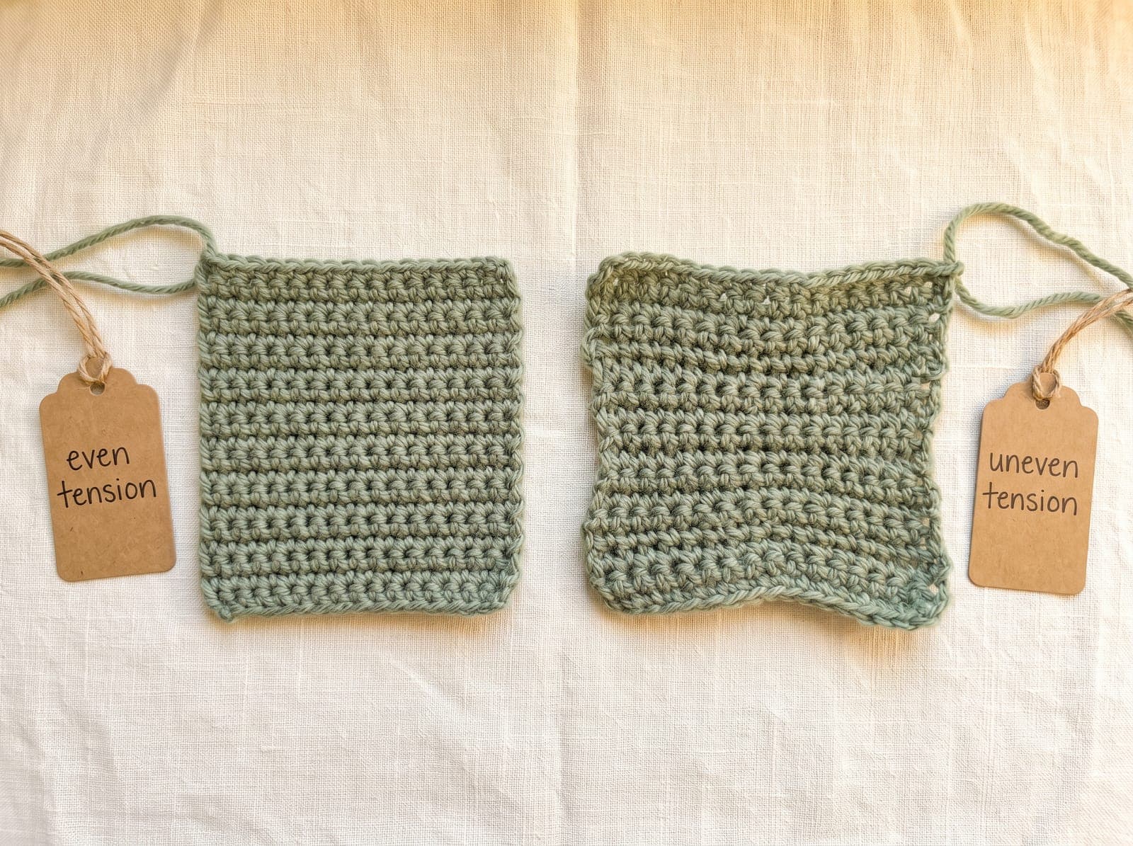 Two single crochet swatches compared, one with even tension and straight edges, one with uneven tension and wavy edges.