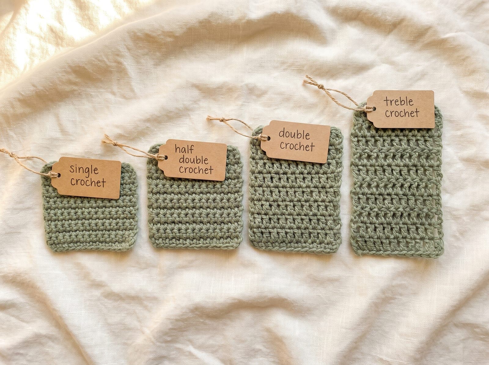 Four crochet swatches labeled single, half double, double, and treble crochet, showing treble as the tallest and most open.