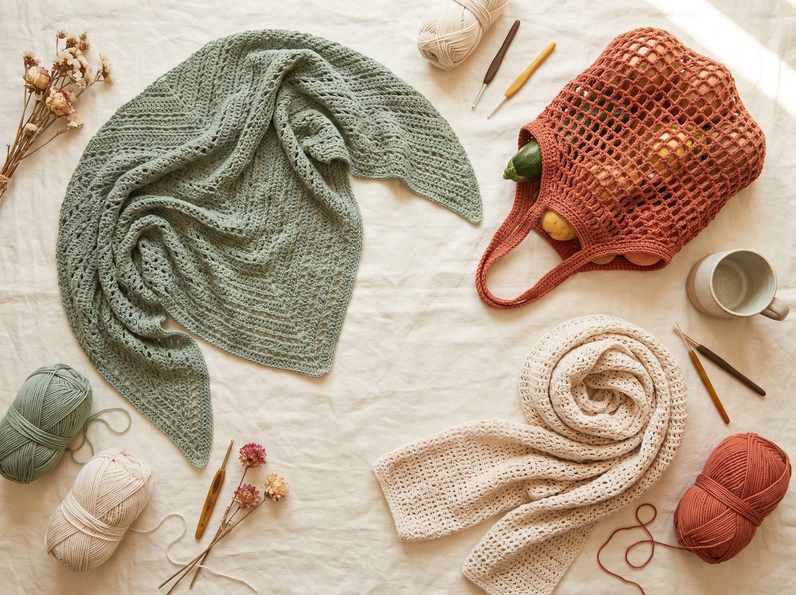 Finished treble crochet projects, a lacy shawl, a market bag, and a light scarf, arranged on linen.