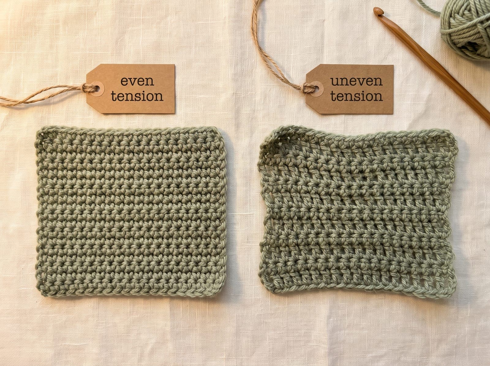 Two treble crochet swatches compared, one with even tension and straight edges, one with uneven tension and wavy, uneven stitches.